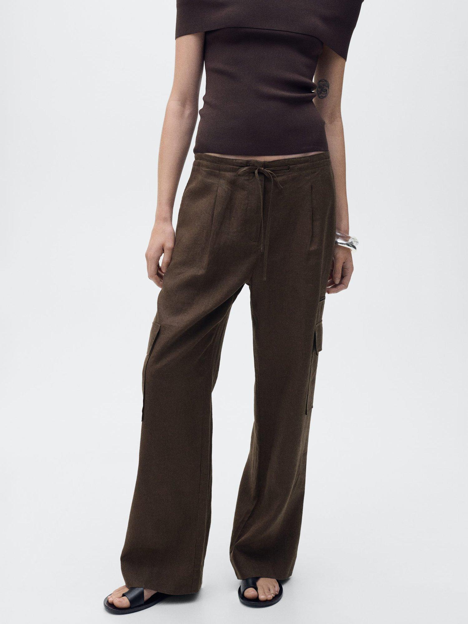 Product image 1 of 7, which shows Mango Olive Pure Linen Cargo Trousers, Brown, 6