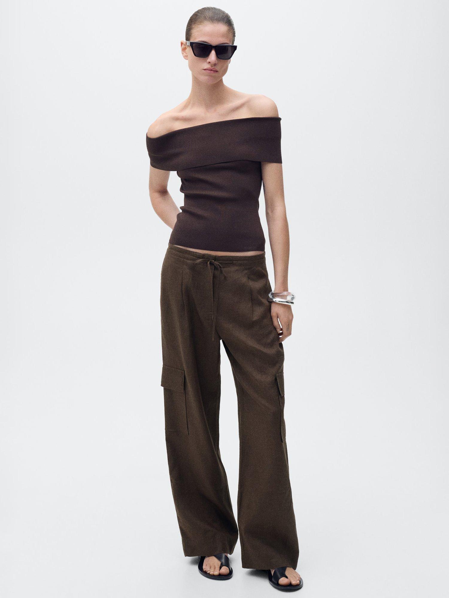 Product image 2 of 7, which shows Mango Olive Pure Linen Cargo Trousers, Brown, 6
