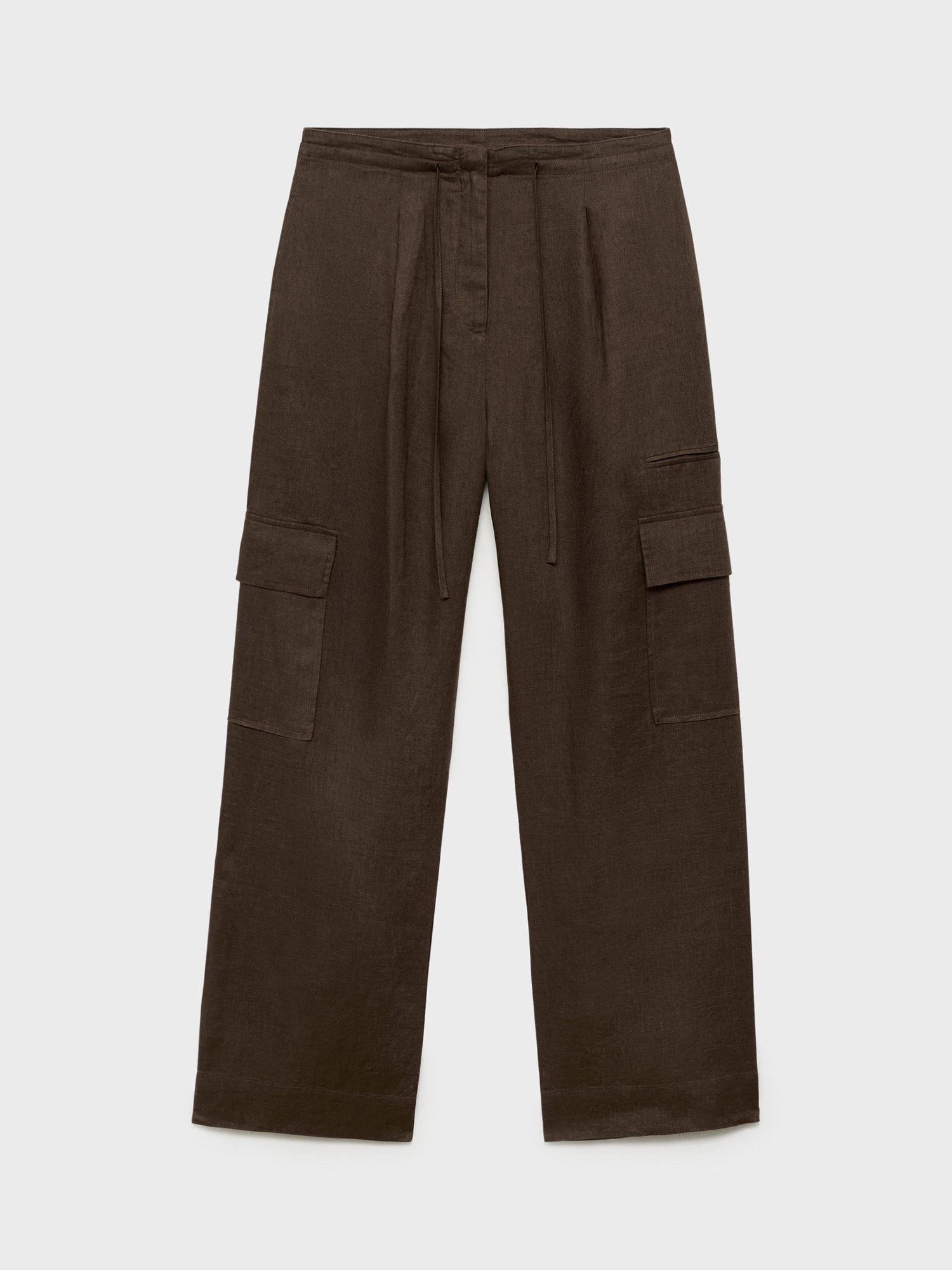 Product image 3 of 7, which shows Mango Olive Pure Linen Cargo Trousers, Brown, 6