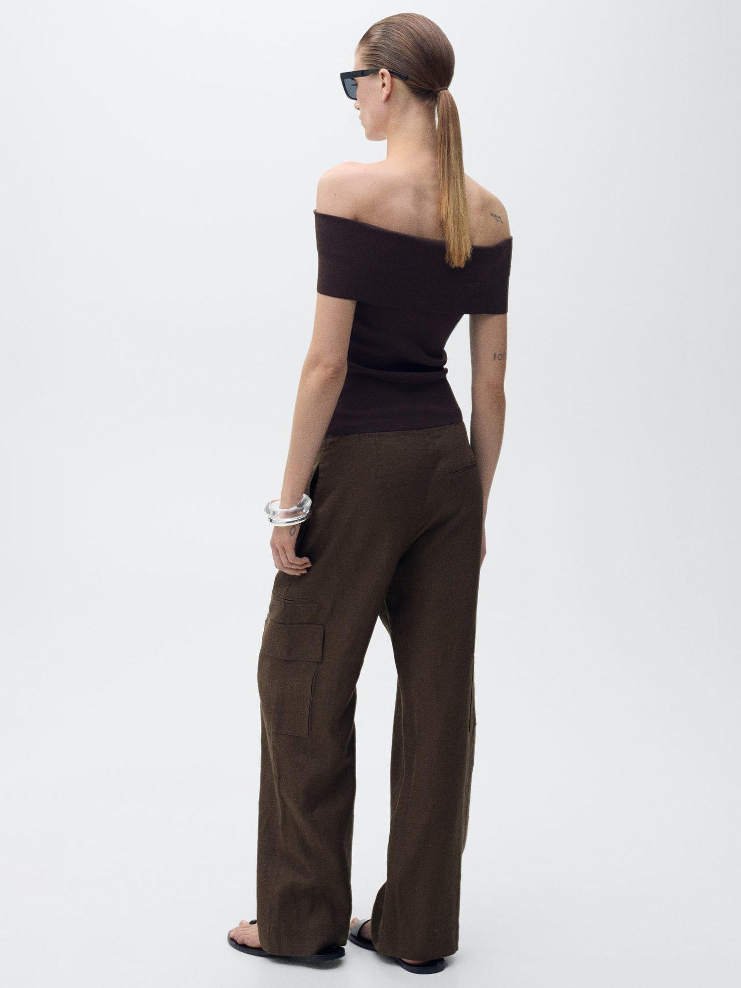 Product image 4 of 7, which shows Mango Olive Pure Linen Cargo Trousers, Brown, 6
