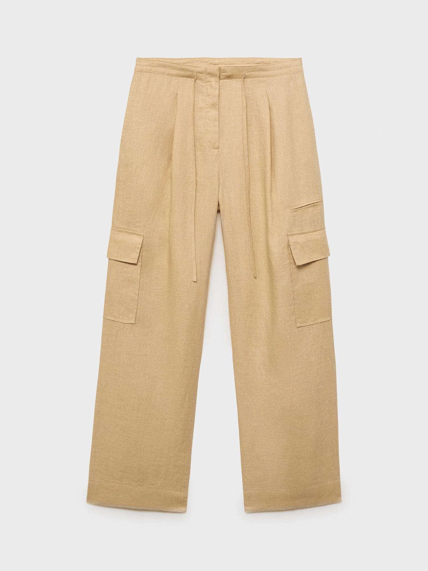Product image 3 of 7, which shows Mango Olive Pure Linen Cargo Trousers, Medium Yellow, 4