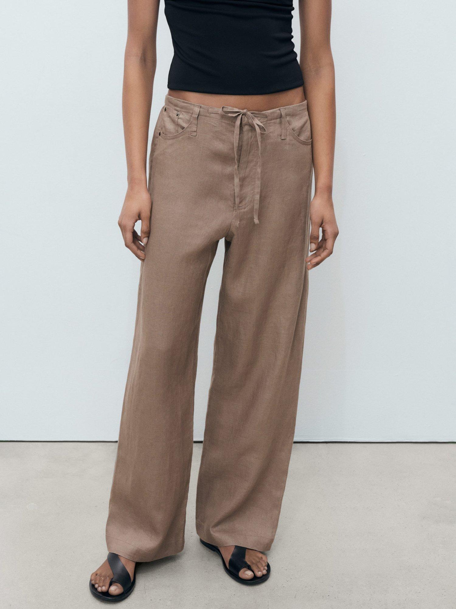 Mango Vermut Pure Linen Wide Leg Trousers, Medium Brown
