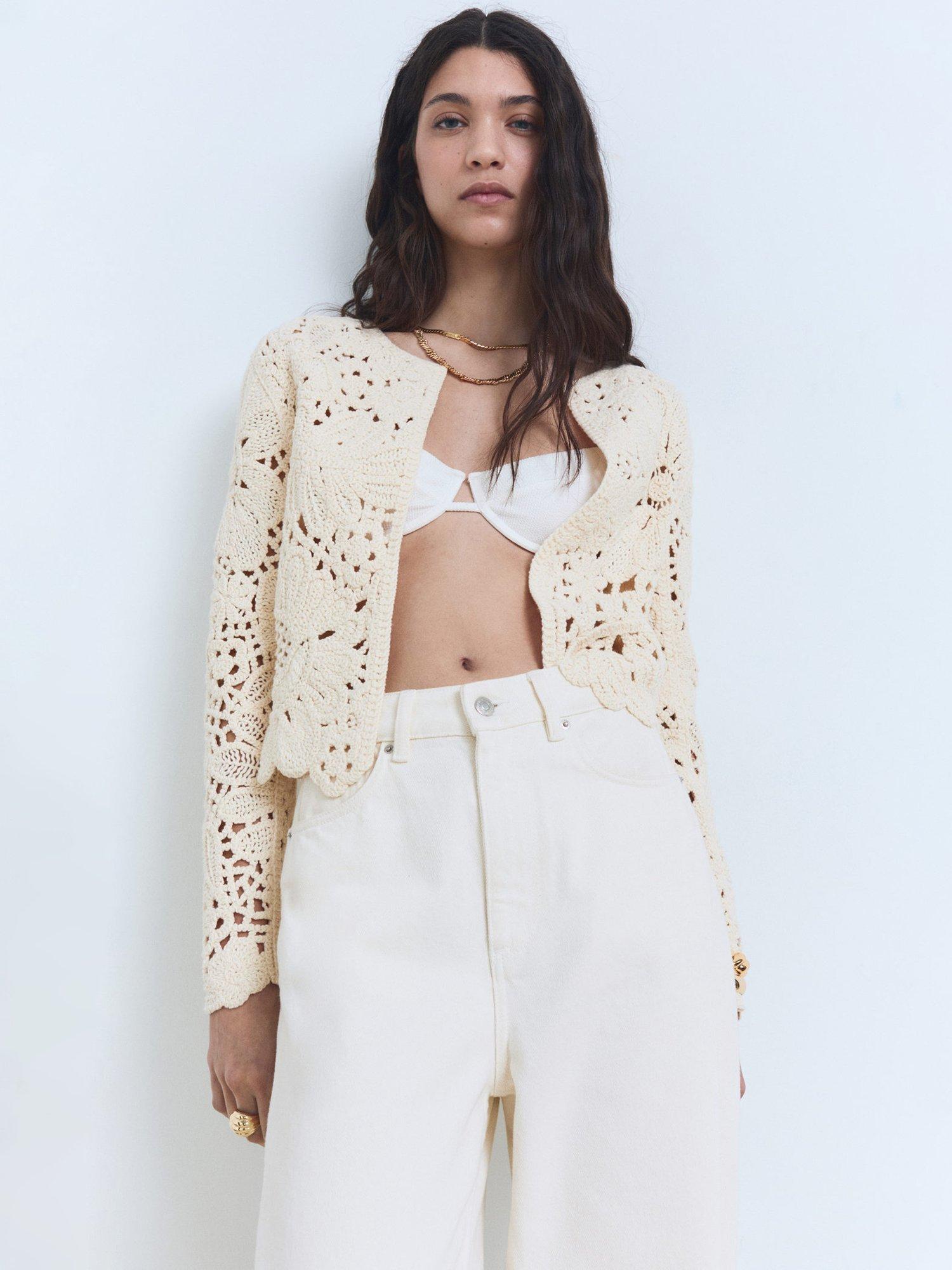 Product image 1 of 6, which shows Mango Isabel Cotton Blend Cropped Cardigan, Light Beige, L