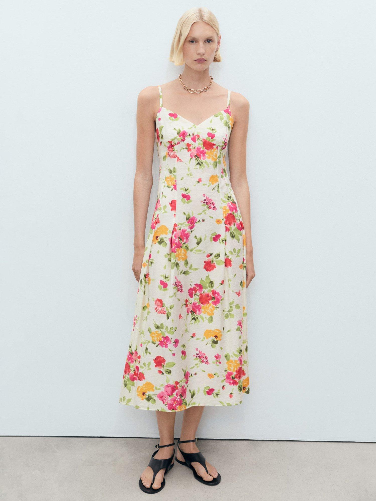 Mango Bouquet Strappy Floral Midi Dress, Light Beige