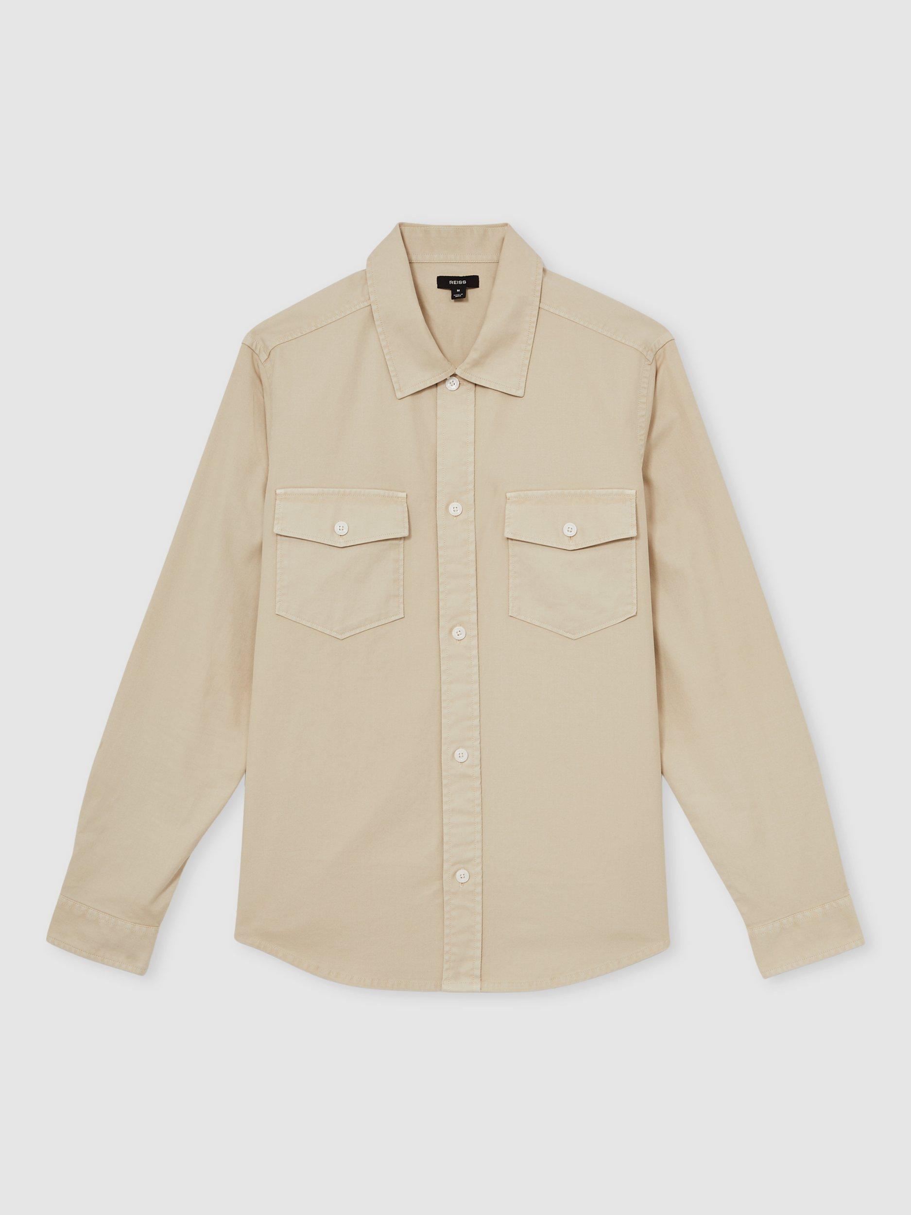 Product image 3 of 5, which shows Reiss Malaki Cotton Blend Regular Fit Overshirt, Stone, S