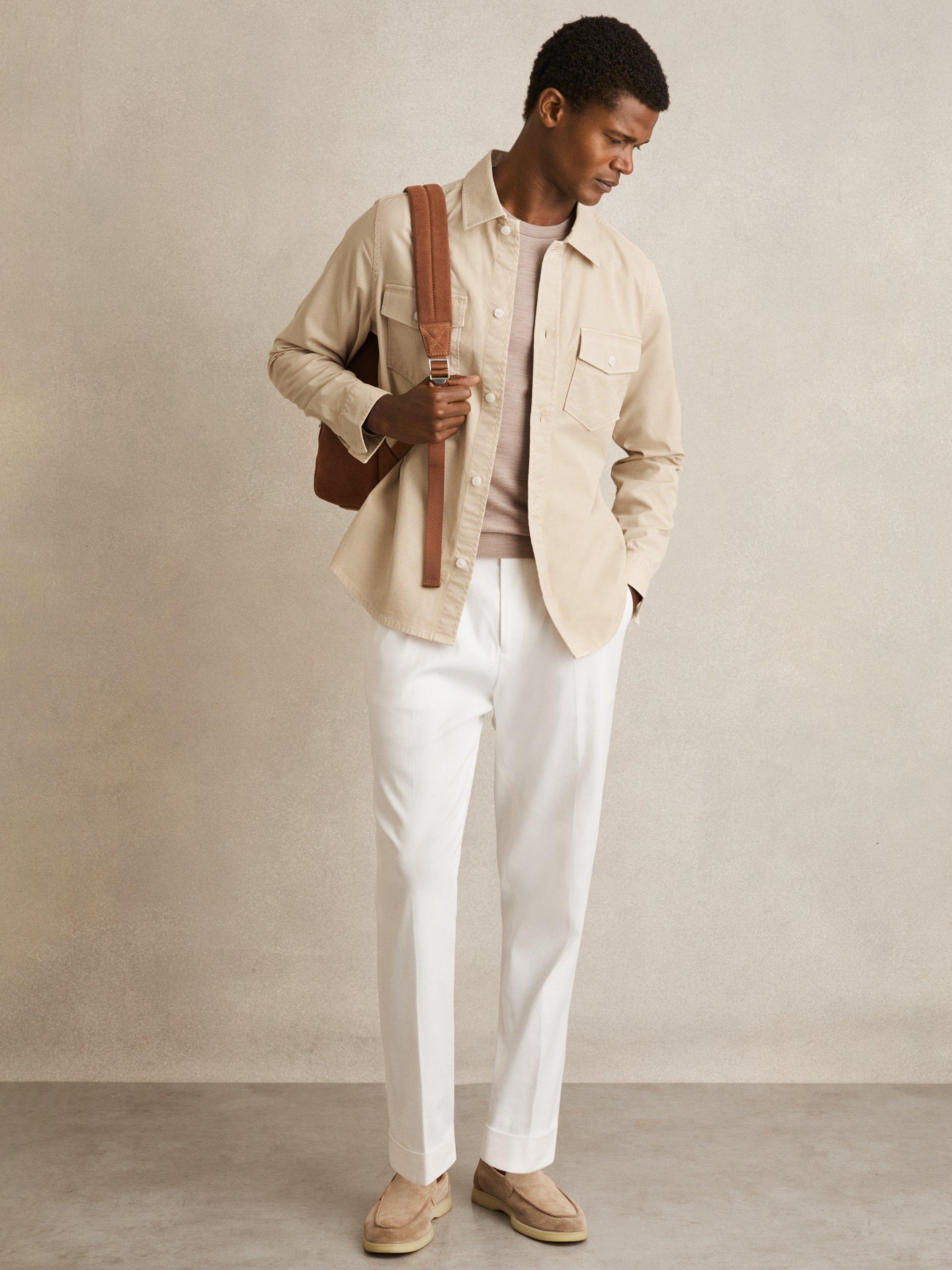 Product image 4 of 5, which shows Reiss Malaki Cotton Blend Regular Fit Overshirt, Stone, S
