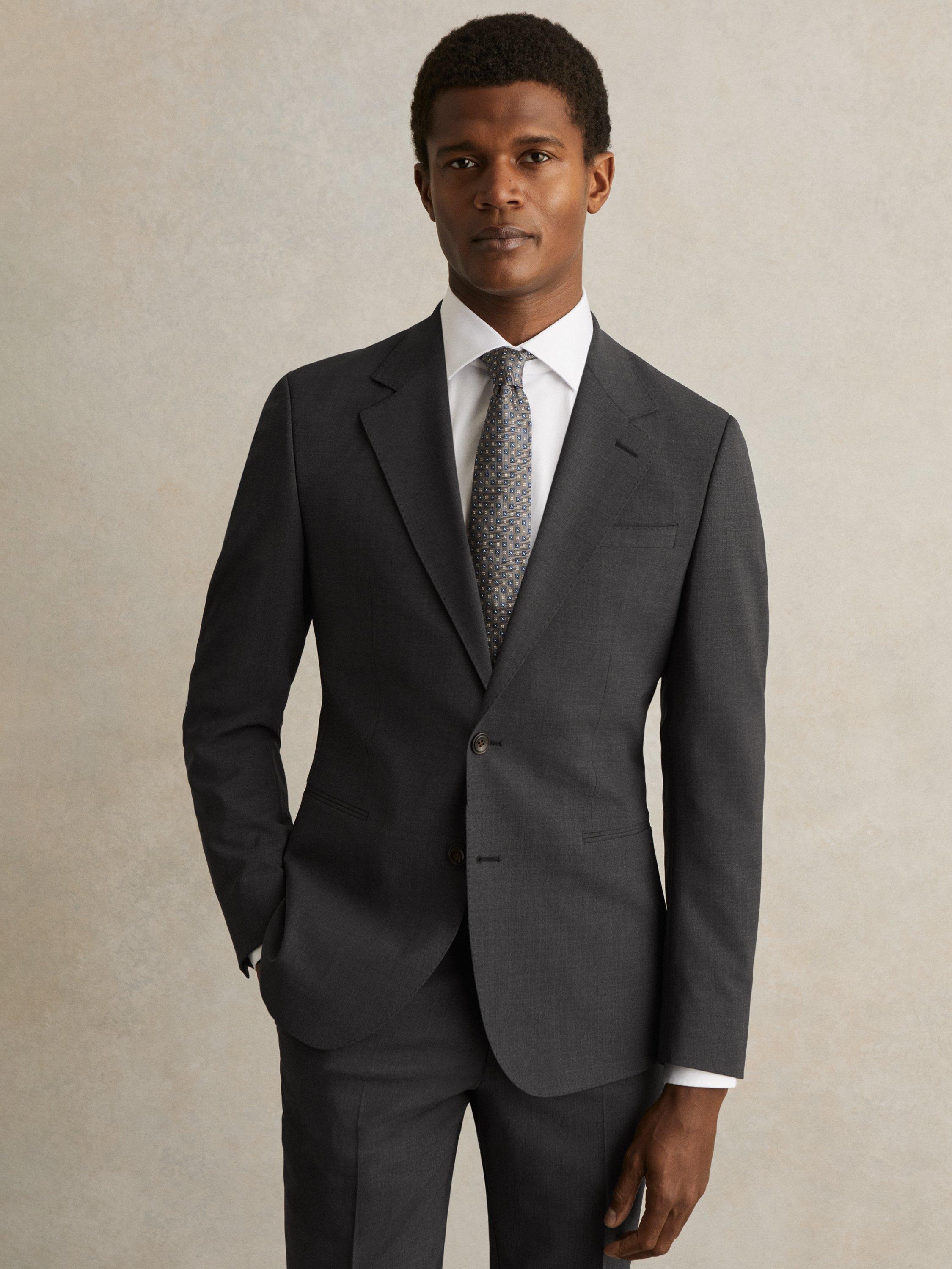 Product image 1 of 5, which shows Reiss Promise Tailored Fit Wool Blend Suit Jacket, Mid Grey, 34R