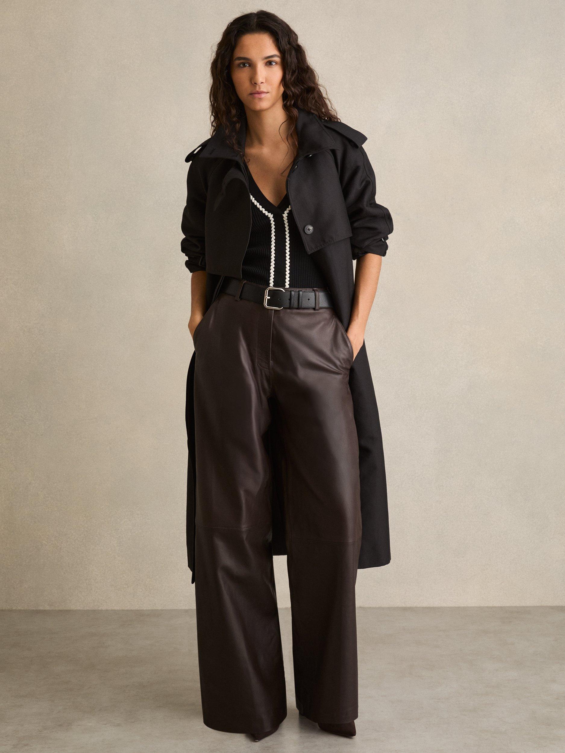 Product image 1 of 5, which shows Reiss Mercey Petite Wide Leg Leather Trousers, Chocolate, 6Pt