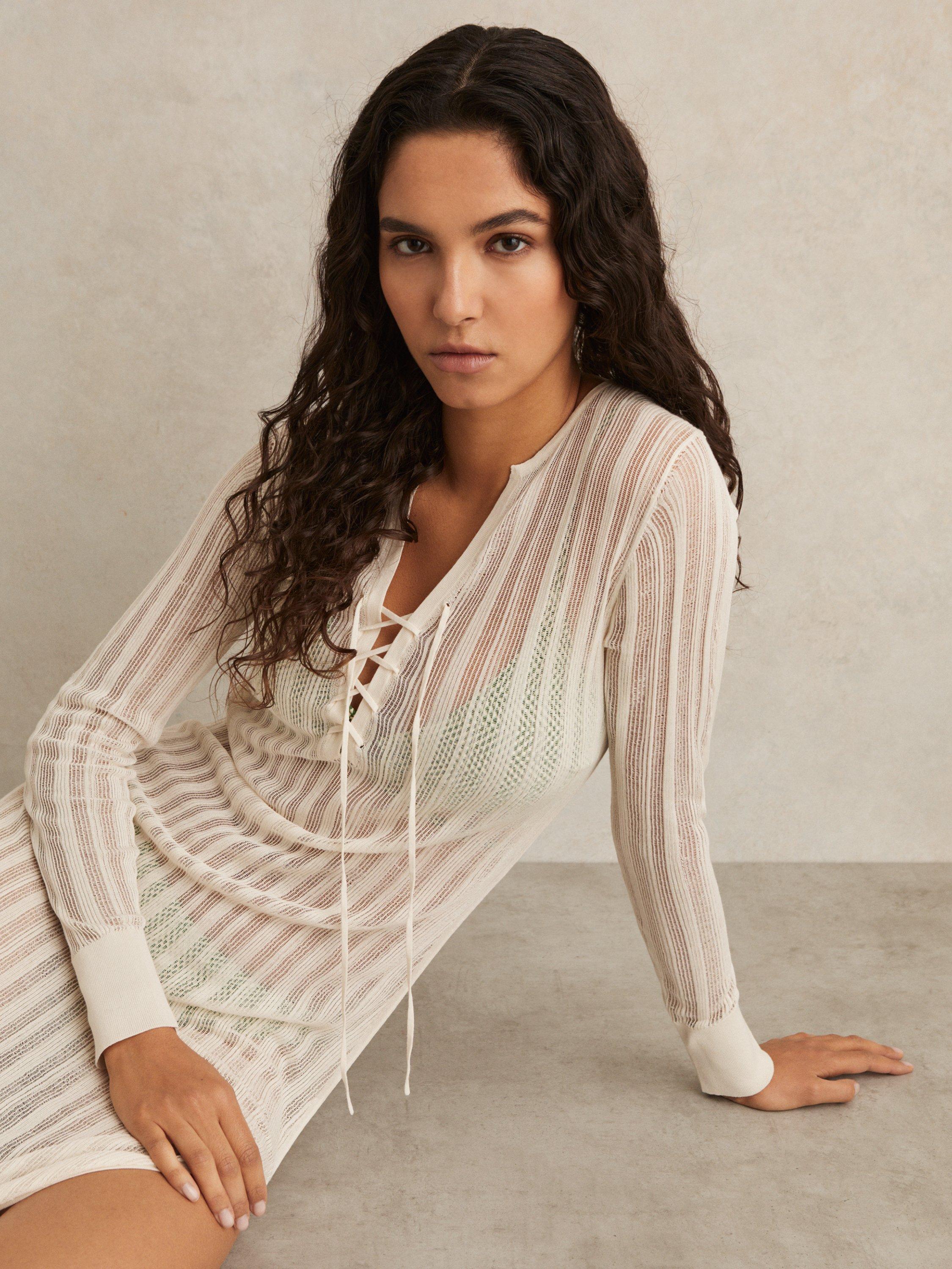 Product image 3 of 5, which shows Reiss Samantha Cotton Blend Kaftan, Cream, XS