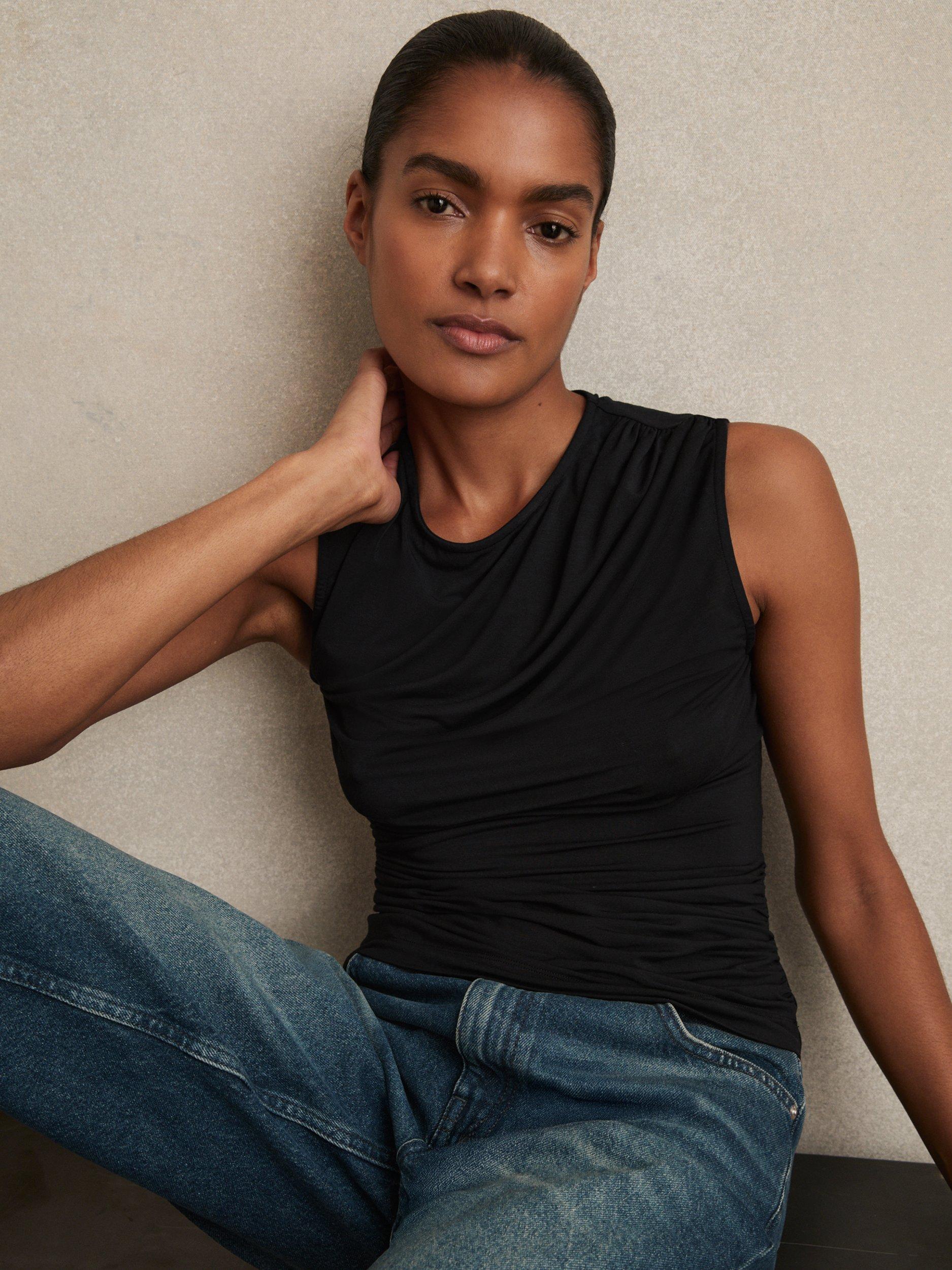 Product image 1 of 5, which shows Reiss Dani Sleeveless Top, Black, XS