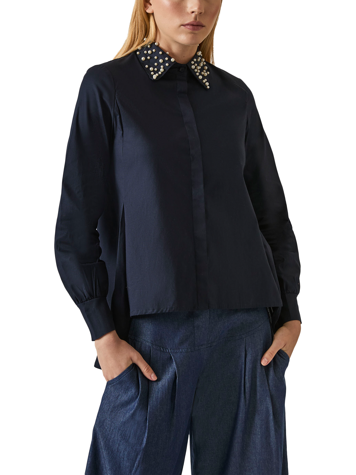 Product image 3 of 7, which shows James Lakeland Pearl Collar Long Sleeve Shirt, Navy, 8