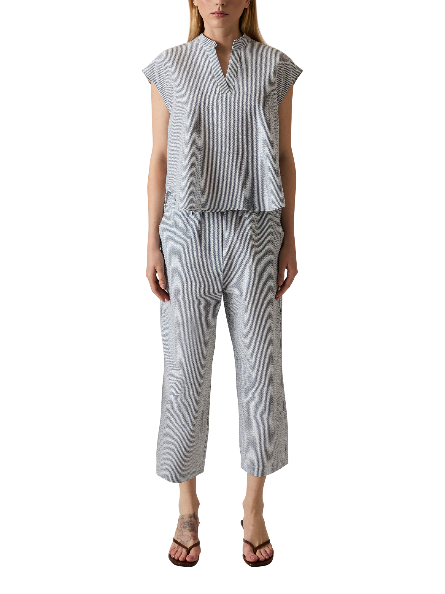 Product image 1 of 6, which shows James Lakeland Fine Stripe V-Neck Top, Navy/White, 8