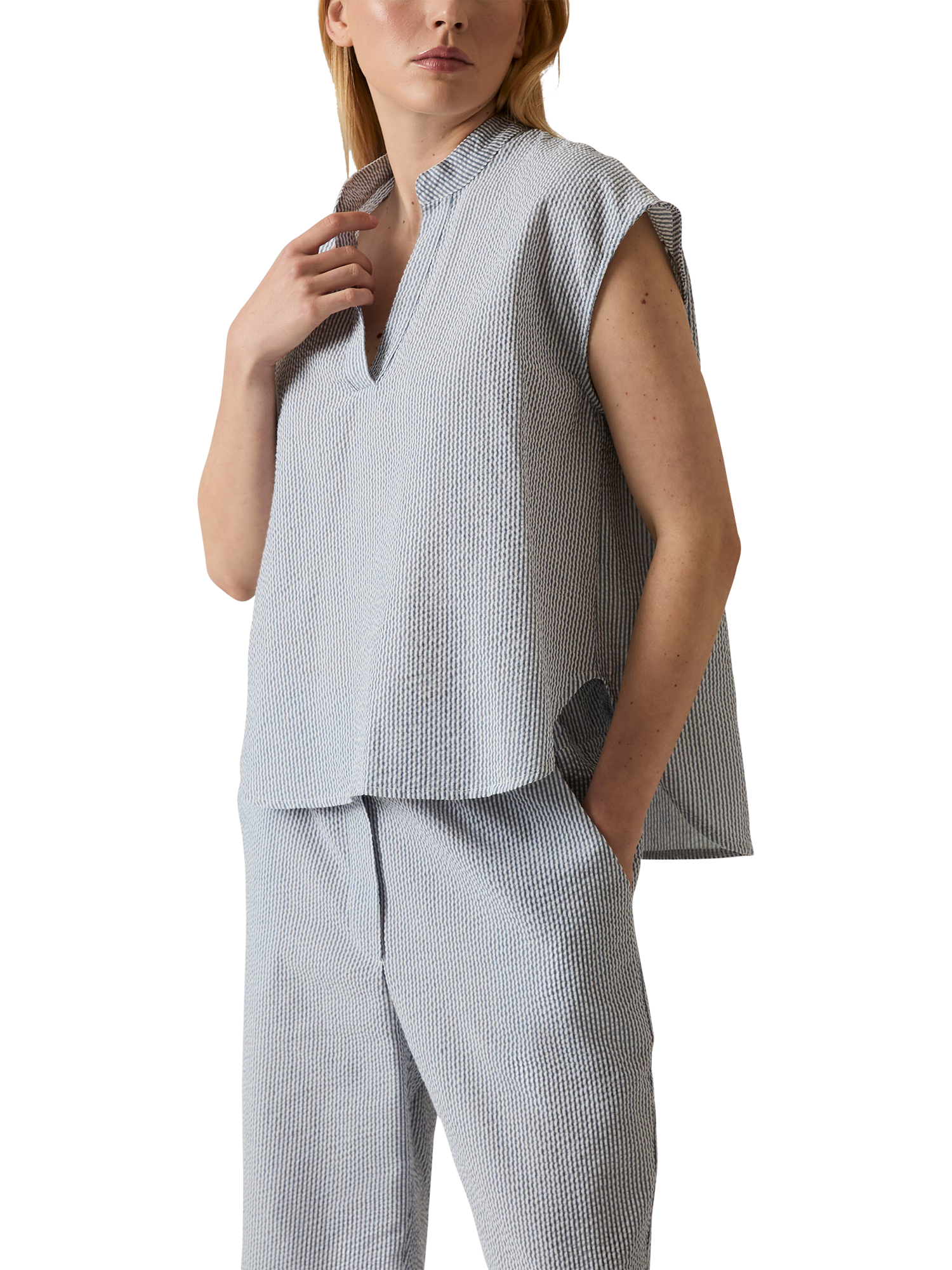 Product image 3 of 6, which shows James Lakeland Fine Stripe V-Neck Top, Navy/White, 8