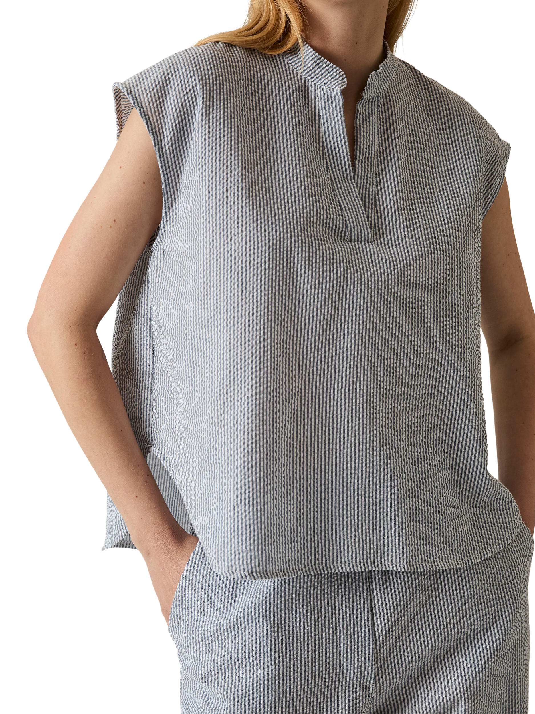 Product image 4 of 6, which shows James Lakeland Fine Stripe V-Neck Top, Navy/White, 8