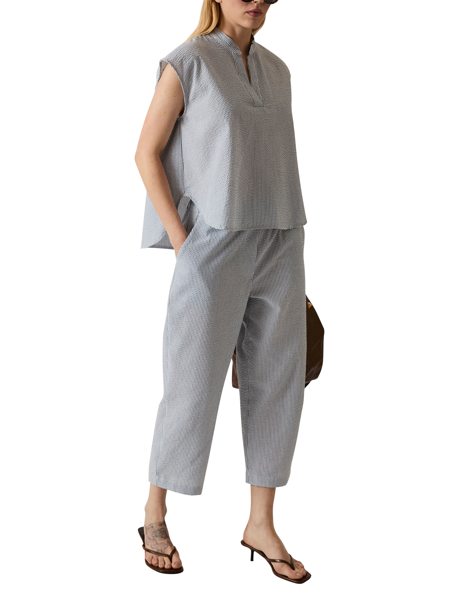 Product image 5 of 6, which shows James Lakeland Fine Stripe V-Neck Top, Navy/White, 8