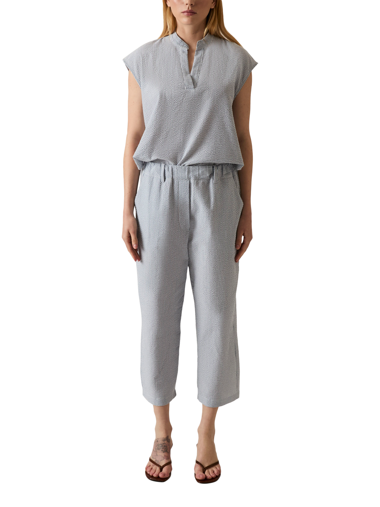 Product image 1 of 6, which shows James Lakeland Fine Stripe Cropped Trousers, Navy/White, 8