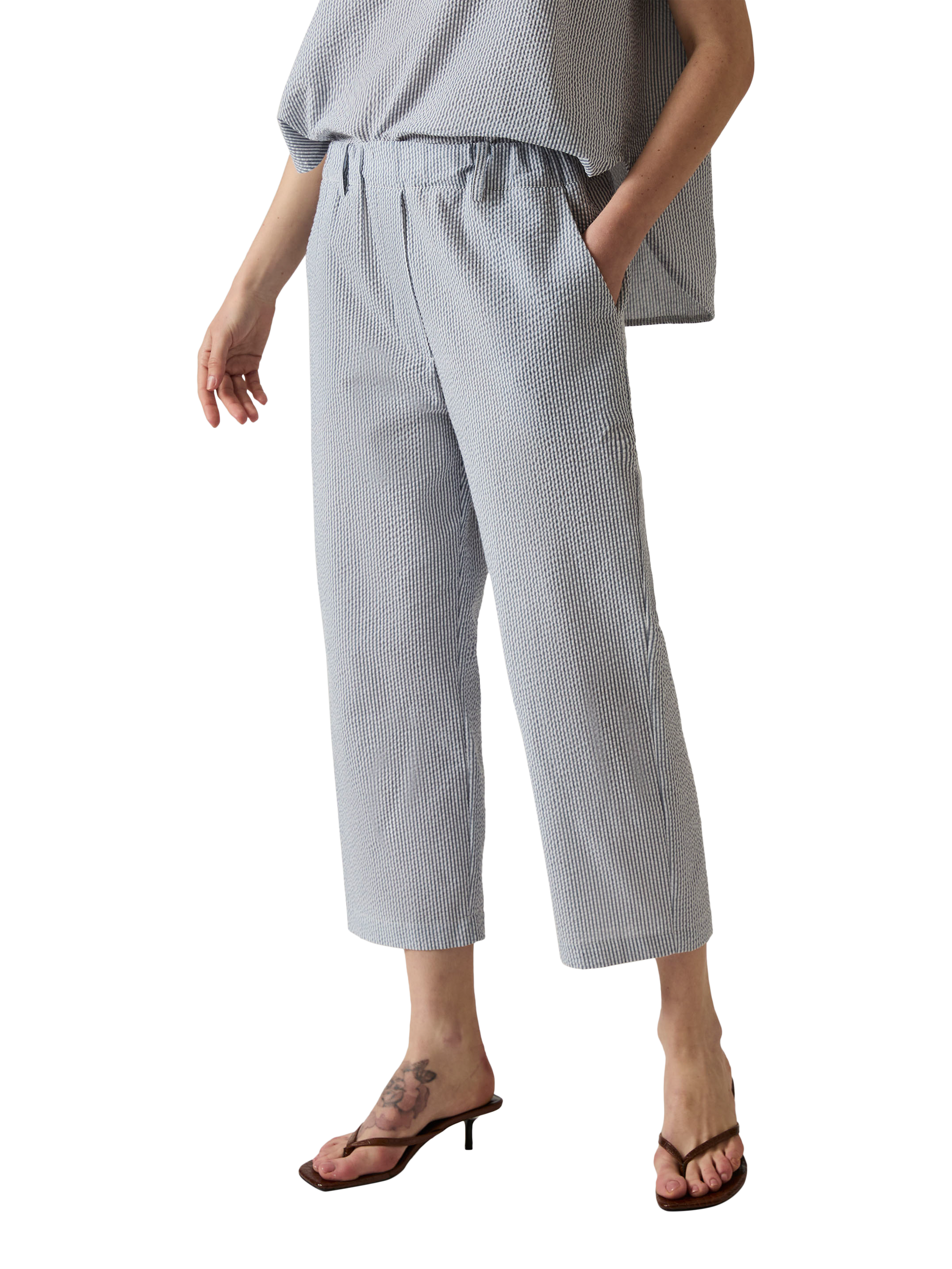Product image 3 of 6, which shows James Lakeland Fine Stripe Cropped Trousers, Navy/White, 8