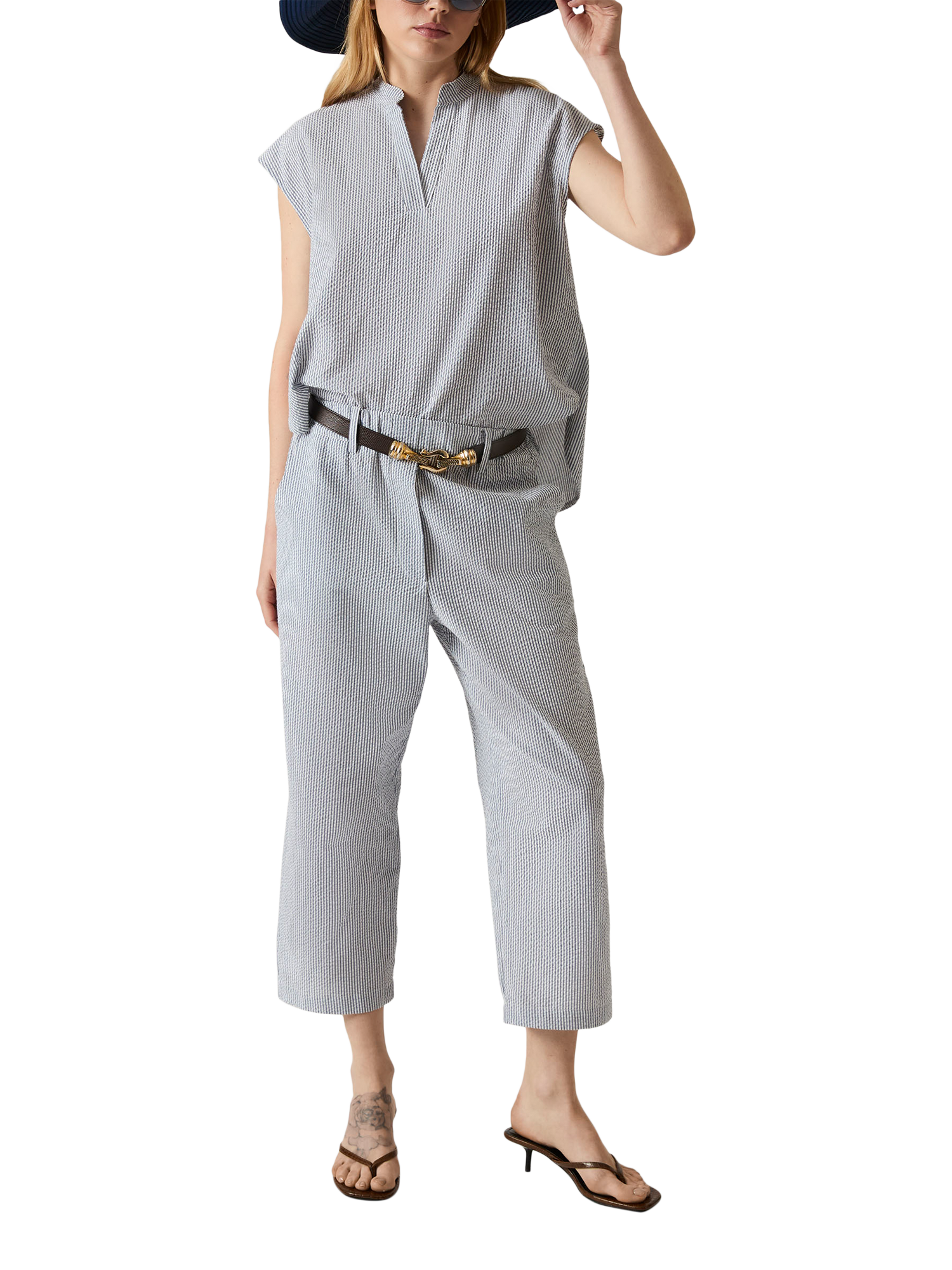 Product image 5 of 6, which shows James Lakeland Fine Stripe Cropped Trousers, Navy/White, 8