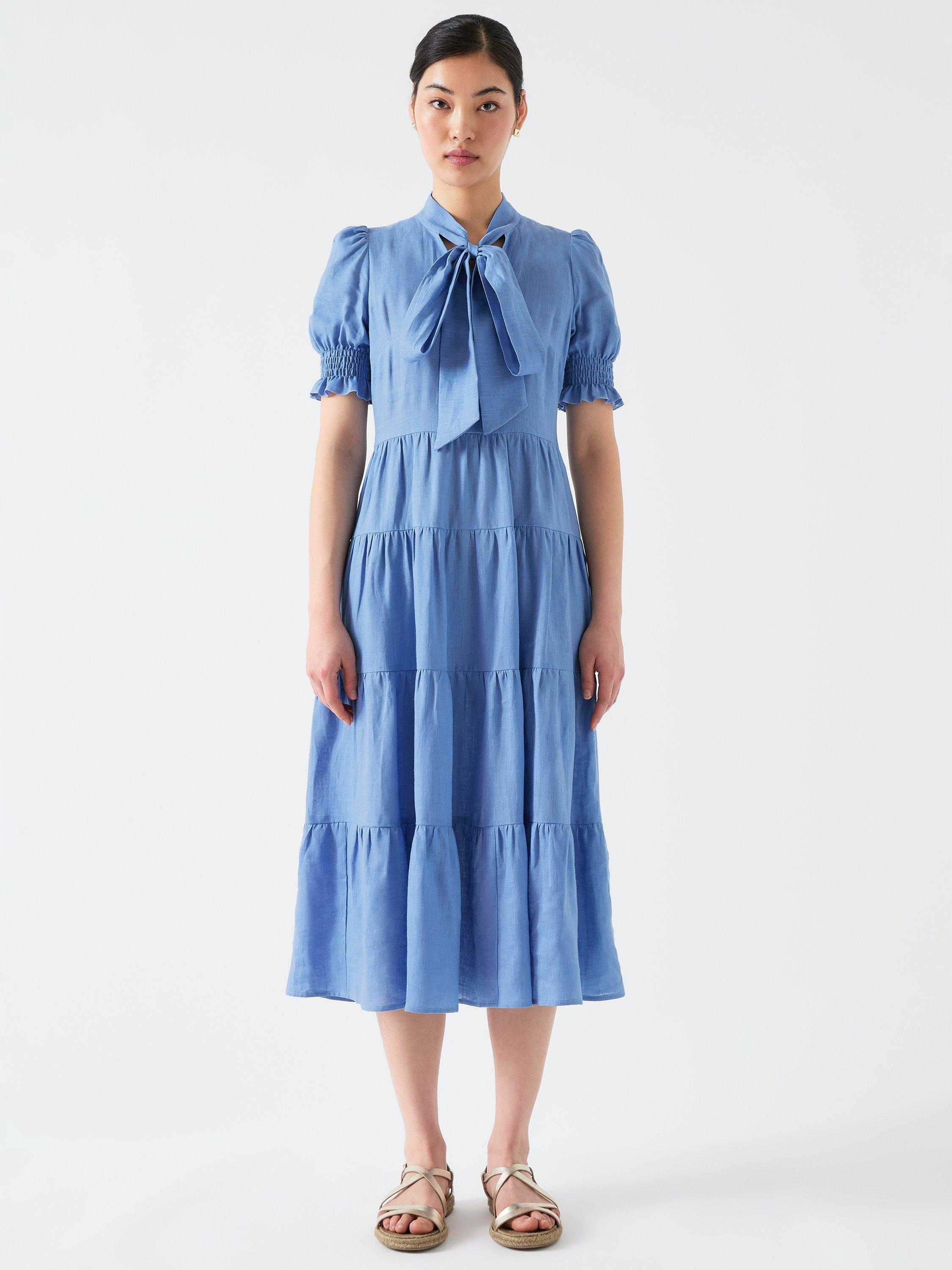 Product image 1 of 4, which shows L.K.Bennett Flo Tiered Pure Linen Dress, Pale Ocean, 6