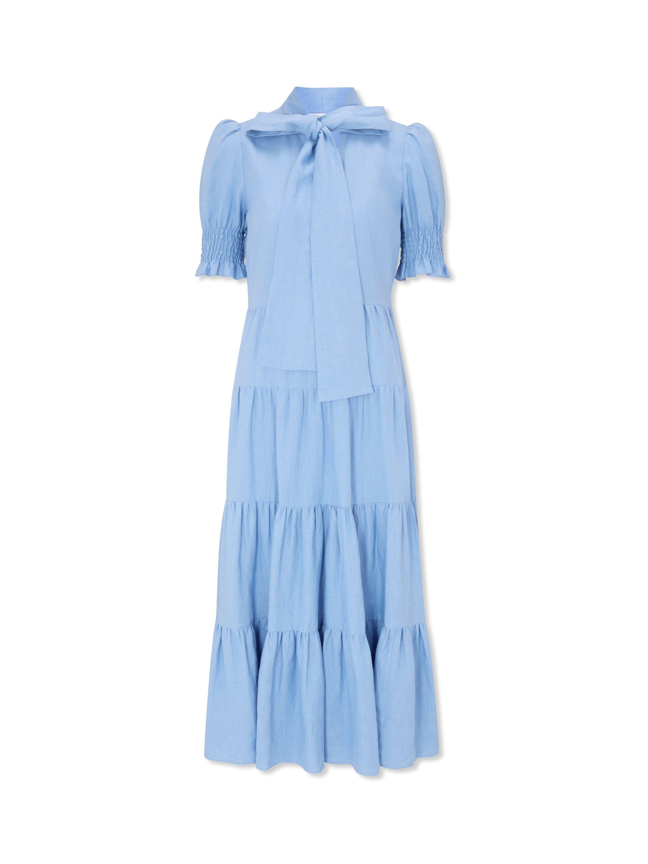 Product image 4 of 4, which shows L.K.Bennett Flo Tiered Pure Linen Dress, Pale Ocean, 6