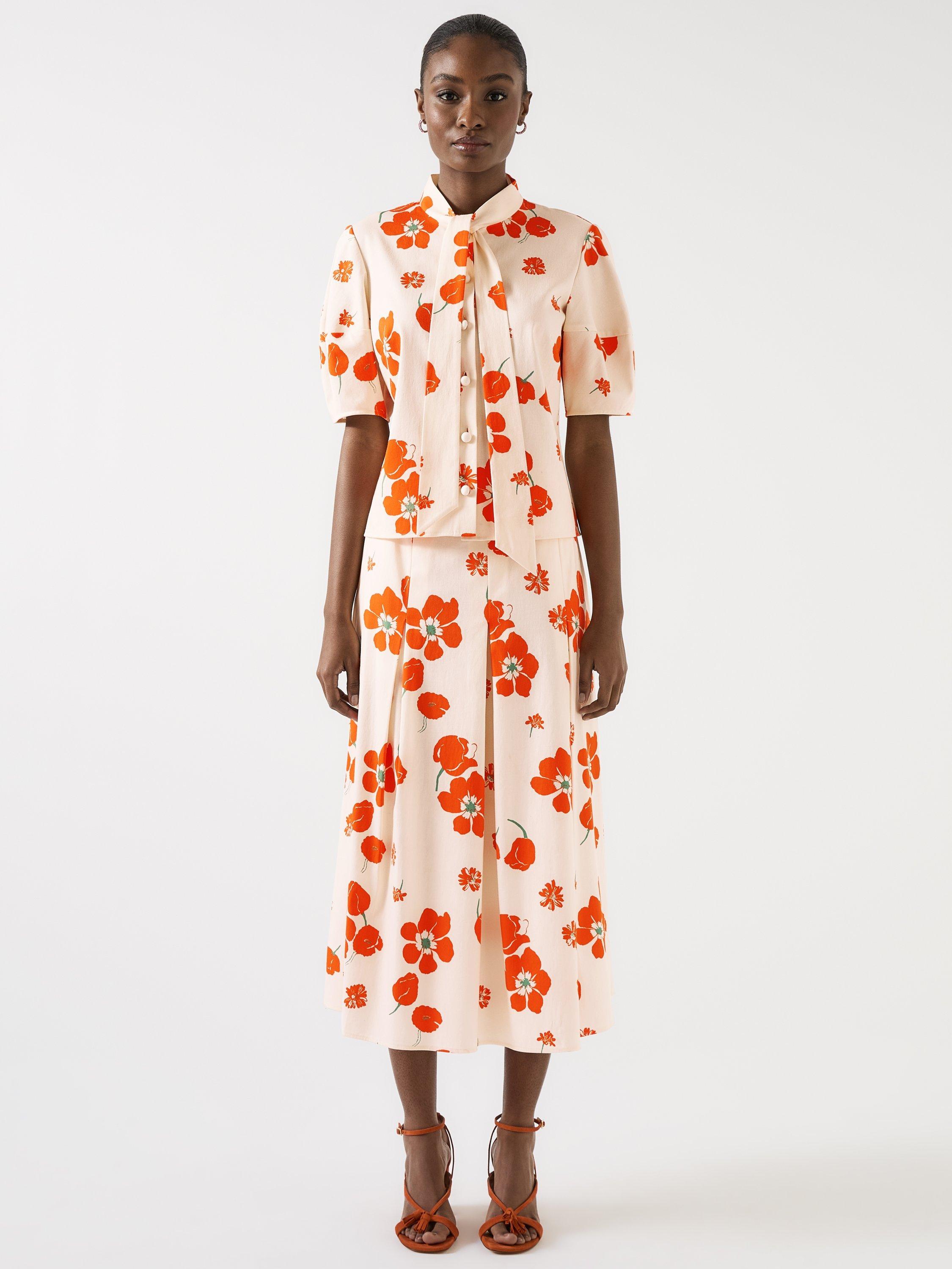 L.K.Bennett Flora Short Sleeve Tie Neck Cotton Blend Blouse, Orange/Multi