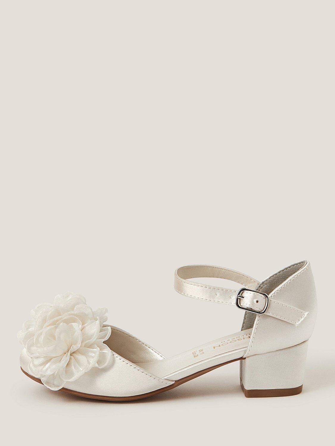 Product image 1 of 3, which shows Monsoon Kids' Corsage Satin Heeled Shoes, Ivory, 1