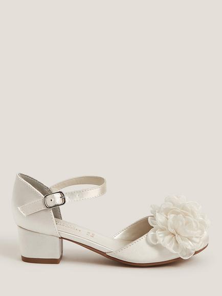 Monsoon Kids' Corsage Satin Heeled Shoes, Ivory