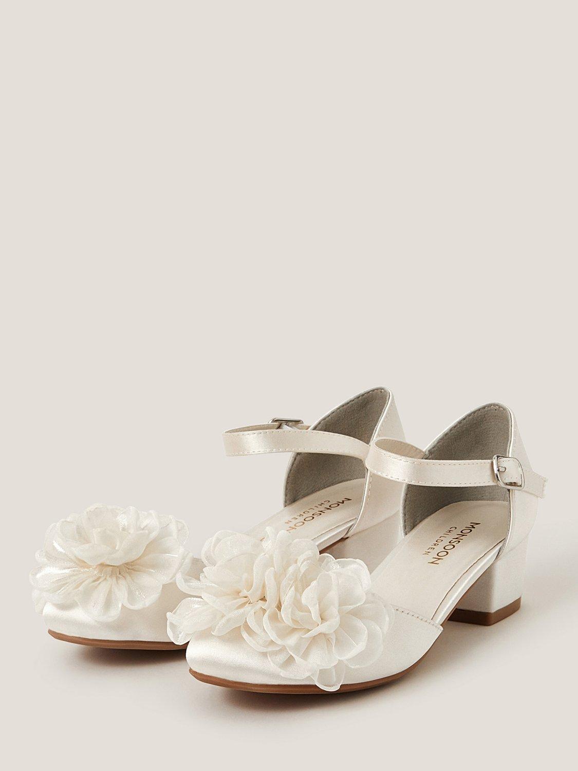 Product image 2 of 3, which shows Monsoon Kids' Corsage Satin Heeled Shoes, Ivory, 1
