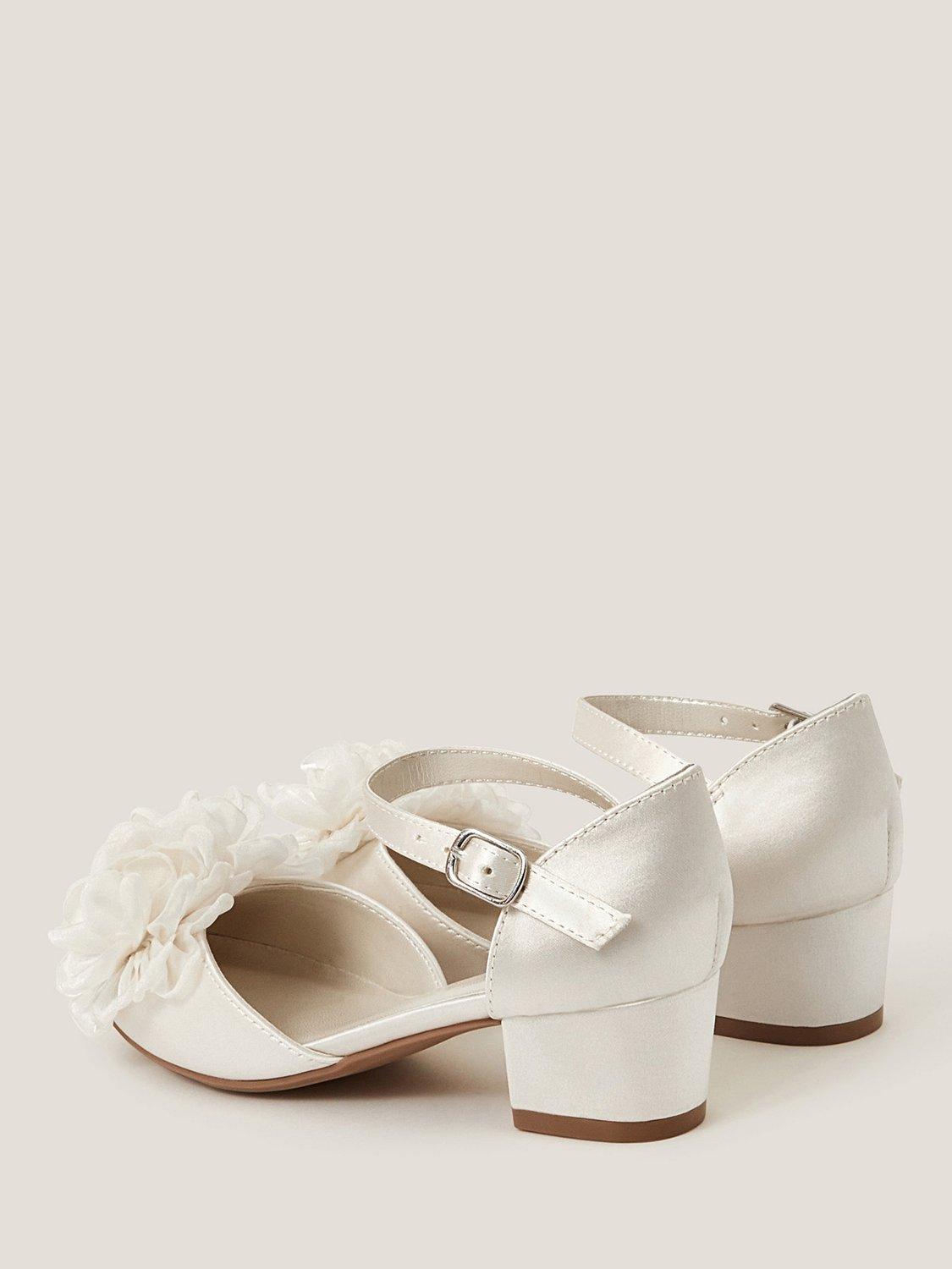 Product image 3 of 3, which shows Monsoon Kids' Corsage Satin Heeled Shoes, Ivory, 1