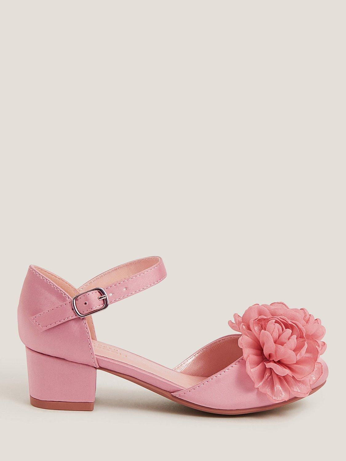 Product image 1 of 3, which shows Monsoon Kids' Corsage Satin Heeled Shoes, Pink, 1