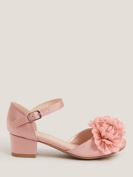 Monsoon Kids' Corsage Satin Heeled Shoes, Pink