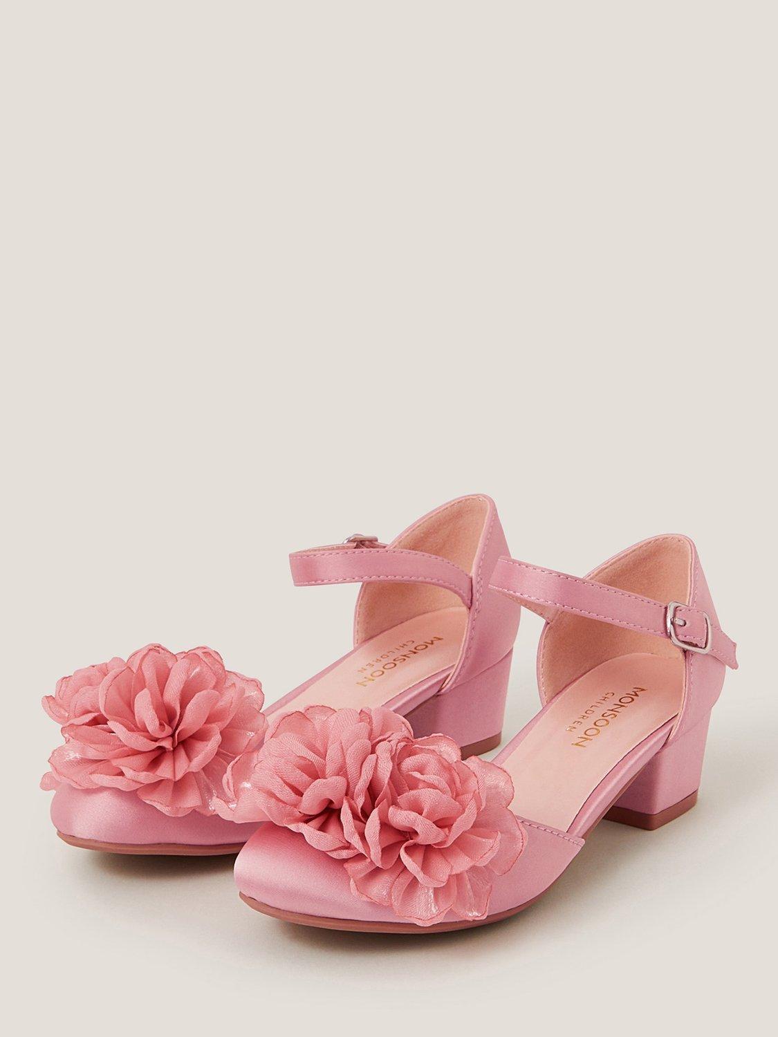 Product image 2 of 3, which shows Monsoon Kids' Corsage Satin Heeled Shoes, Pink, 1