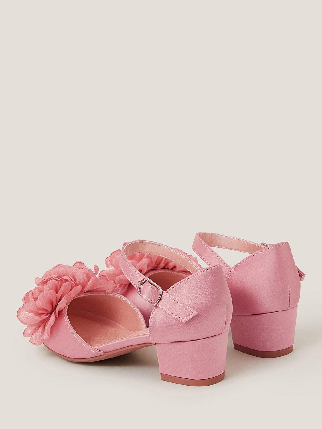 Product image 3 of 3, which shows Monsoon Kids' Corsage Satin Heeled Shoes, Pink, 1