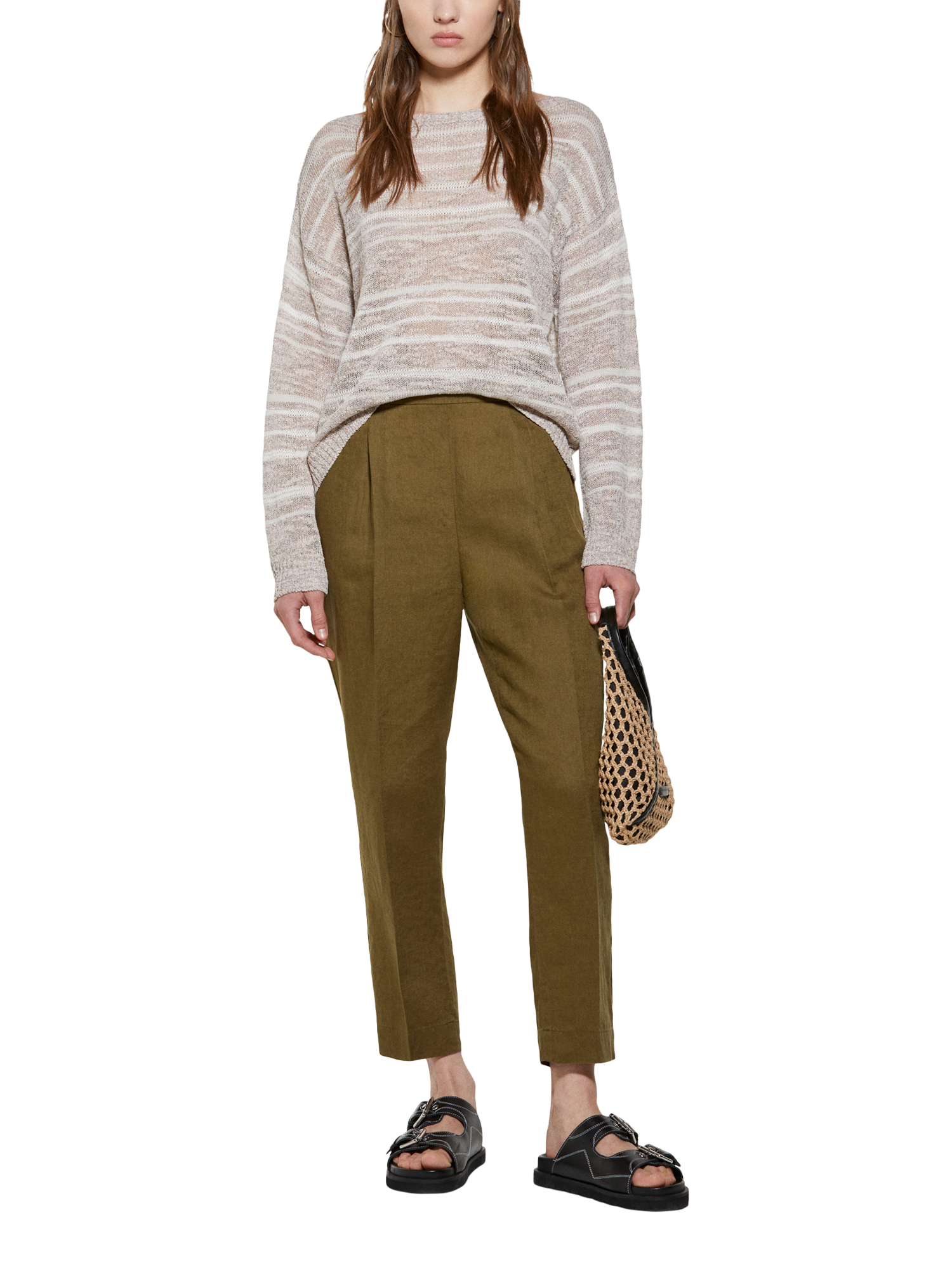Product image 3 of 5, which shows SISLEY High Waist Pure Linen Trousers, Green, 10