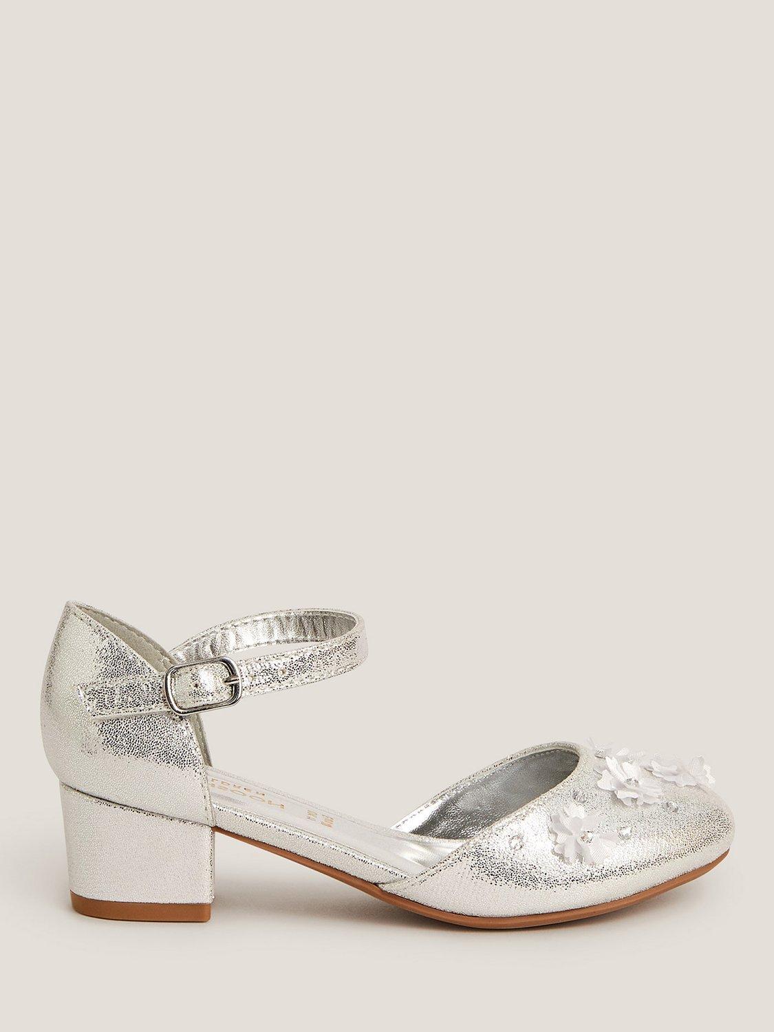 Product image 1 of 3, which shows Monsoon Kids' Applique Flower Heeled Shoes, Silver, 7 Jnr