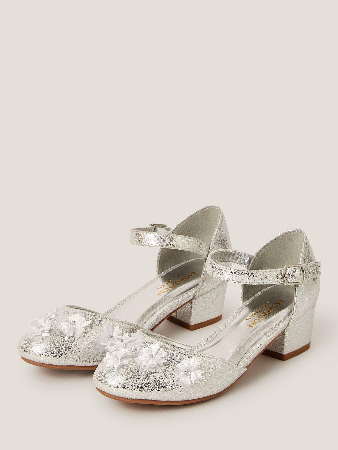 Product image 2 of 3, which shows Monsoon Kids' Applique Flower Heeled Shoes, Silver, 7 Jnr