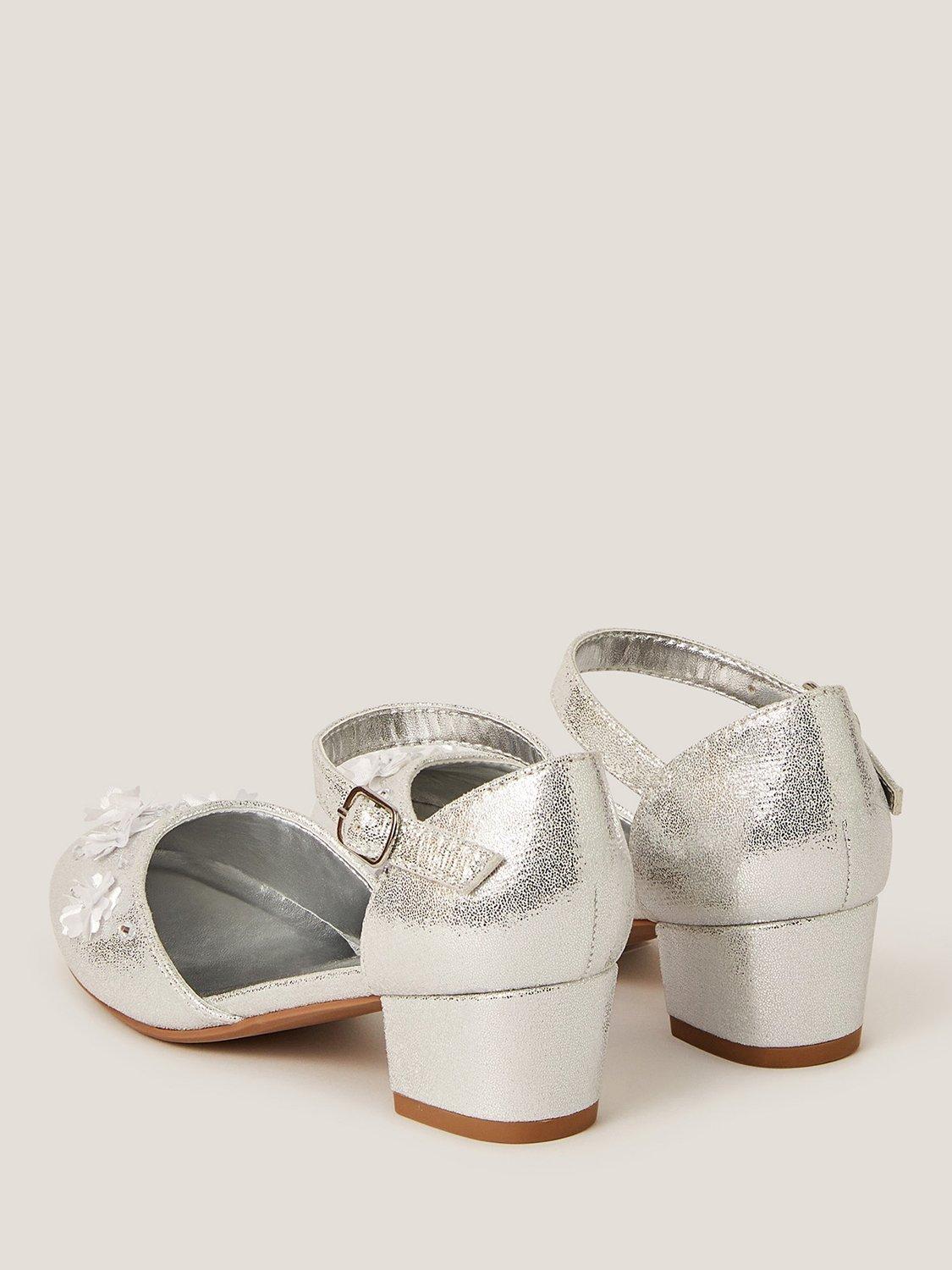 Product image 3 of 3, which shows Monsoon Kids' Applique Flower Heeled Shoes, Silver, 7 Jnr