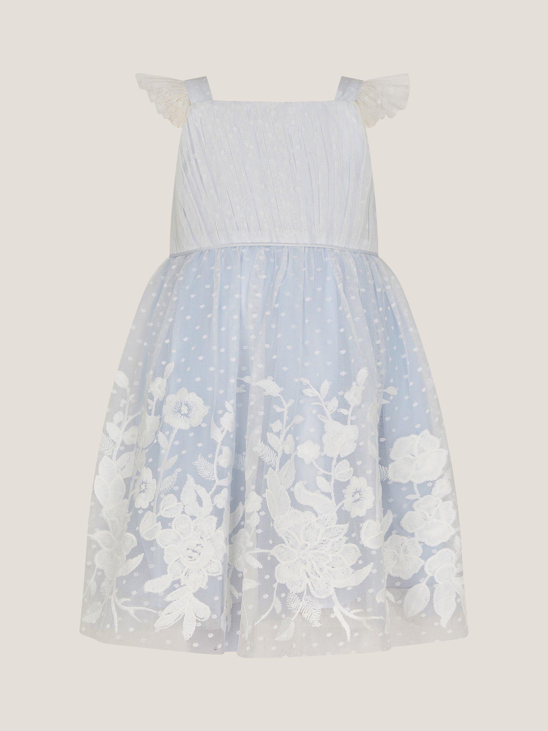 Product image 1 of 3, which shows Monsoon Baby Abigail Floral Embroidered Dress, Blue, 0-3 months