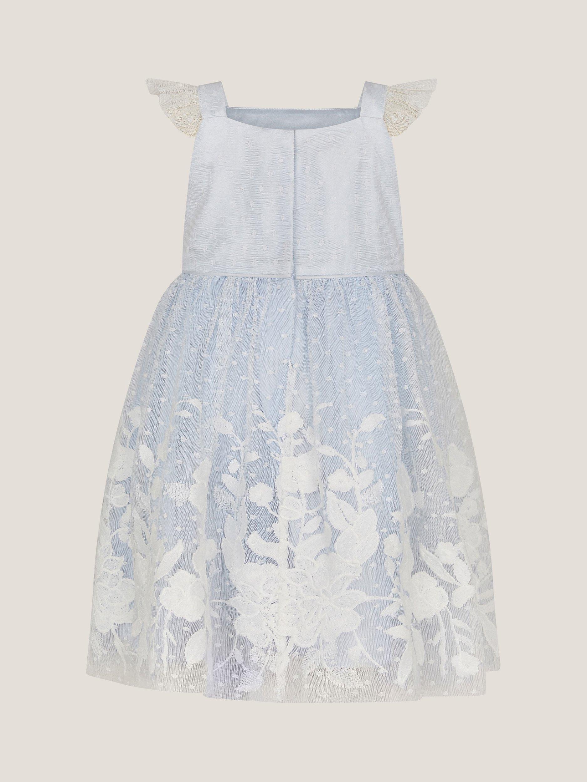 Product image 2 of 3, which shows Monsoon Baby Abigail Floral Embroidered Dress, Blue, 0-3 months