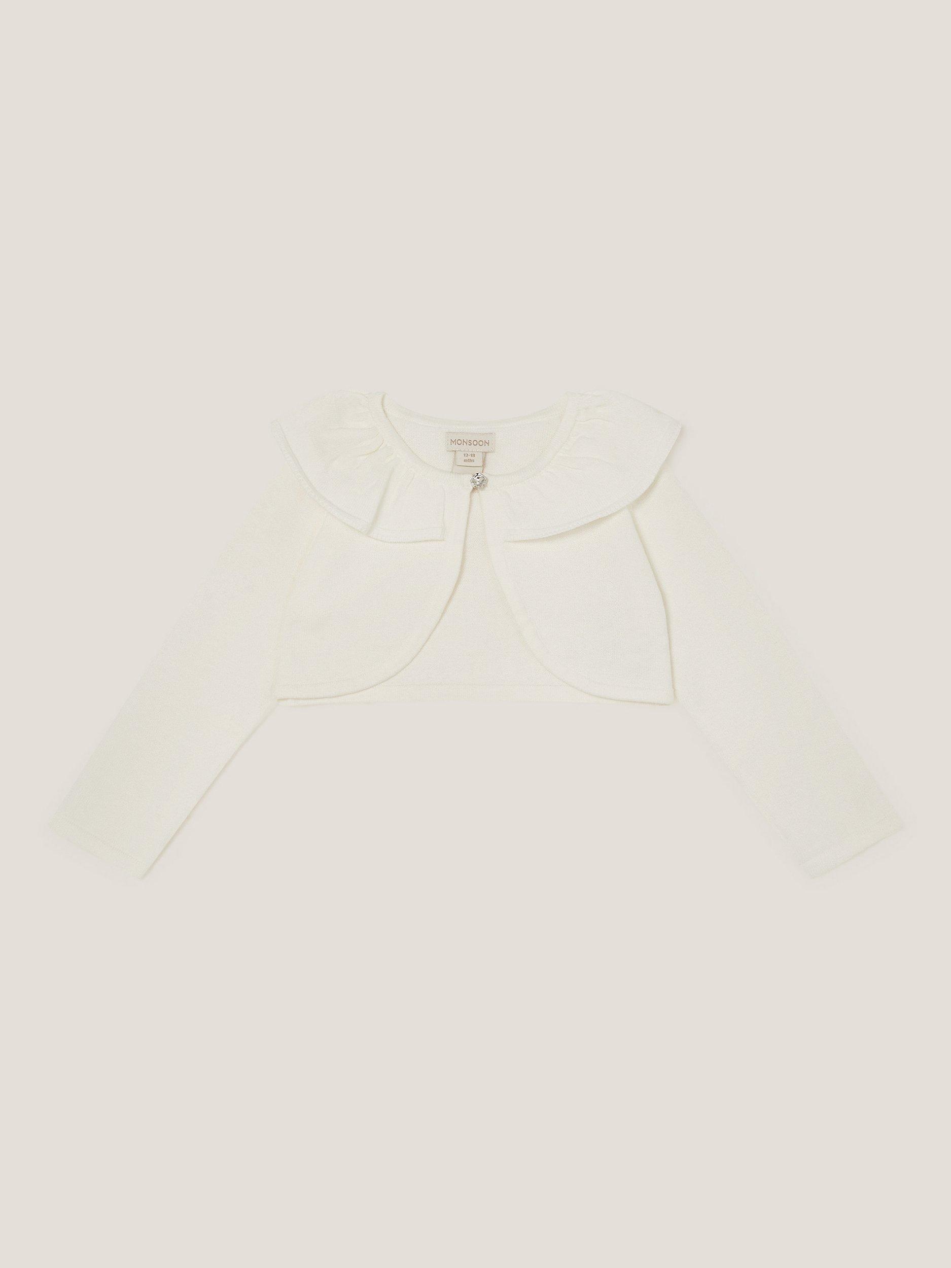 Product image 1 of 3, which shows Monsoon Baby Cotton One-Button Cardigan, Ivory, 0-3 months