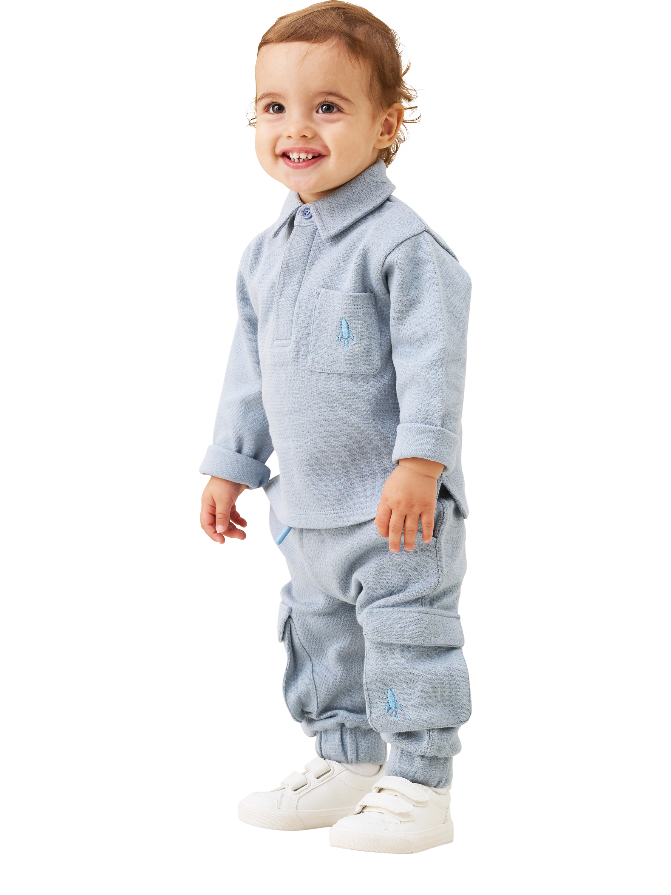 Product image 1 of 8, which shows Angel & Rocket Baby Herringbone Mini Co-Ord Set, Blue, 3-6 months