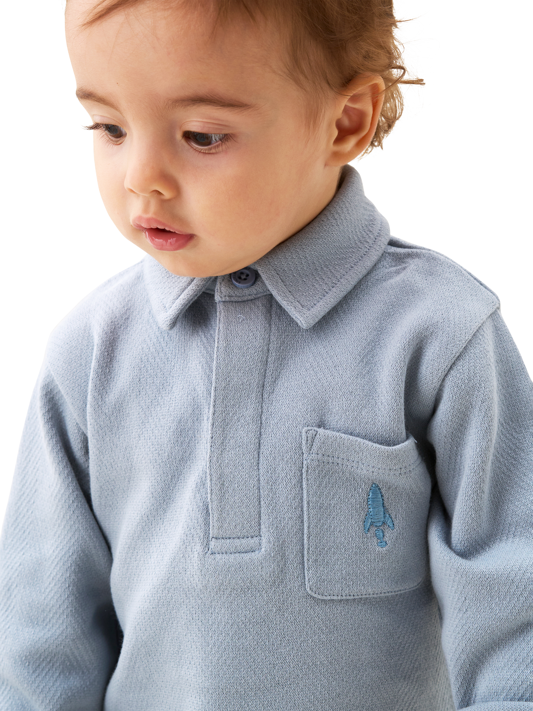 Product image 2 of 8, which shows Angel & Rocket Baby Herringbone Mini Co-Ord Set, Blue, 3-6 months