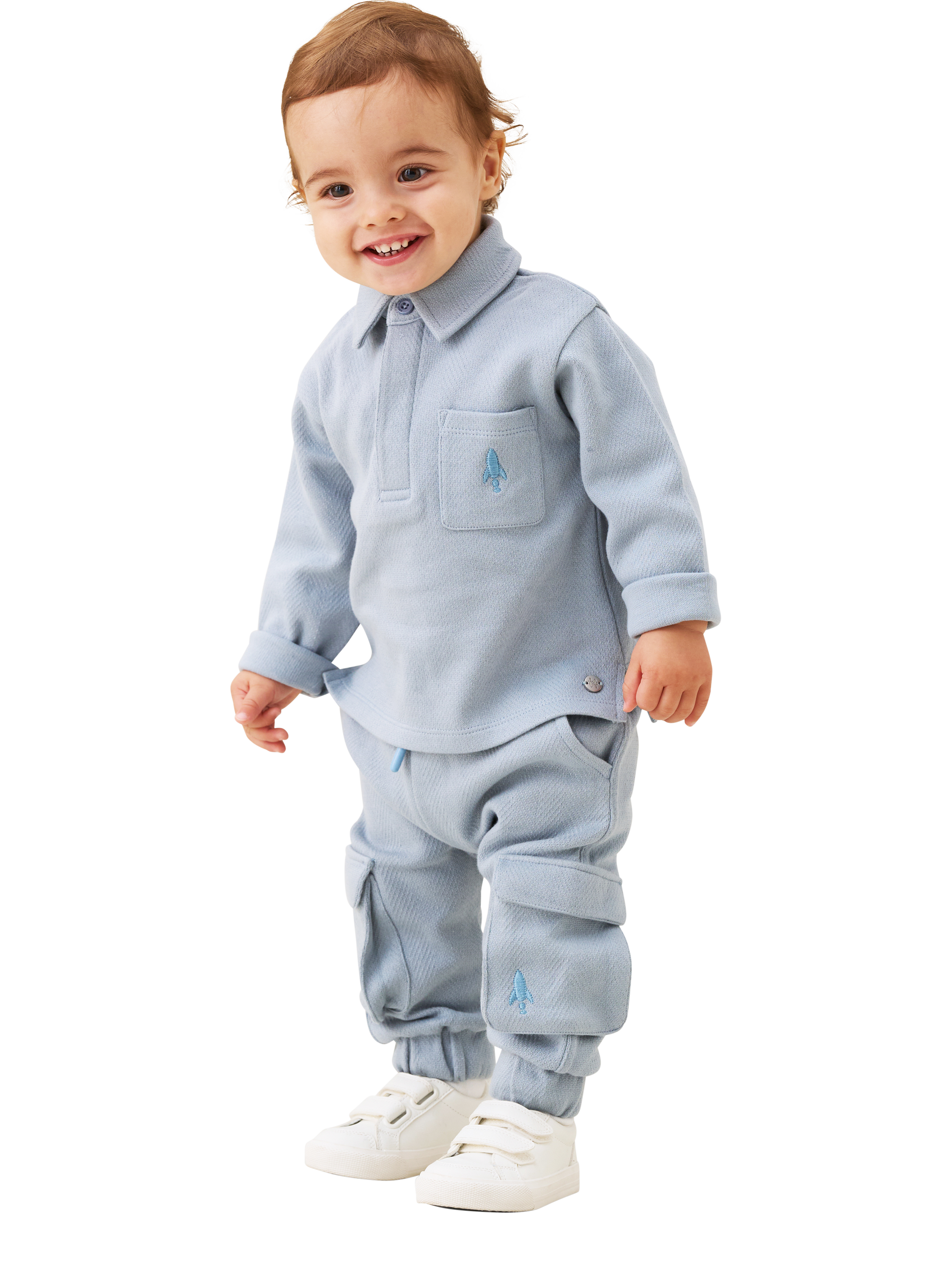 Product image 4 of 8, which shows Angel & Rocket Baby Herringbone Mini Co-Ord Set, Blue, 3-6 months