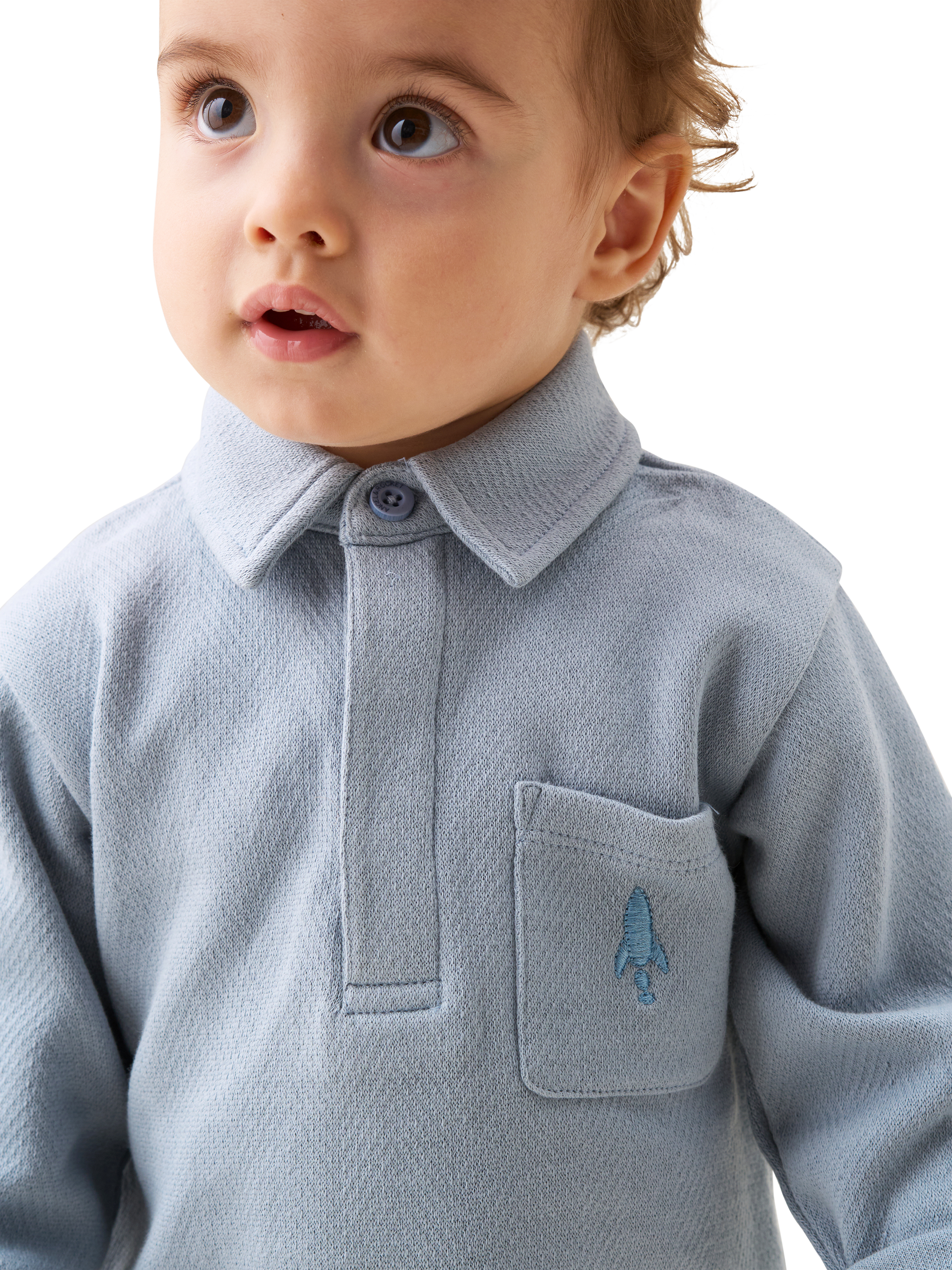 Product image 5 of 8, which shows Angel & Rocket Baby Herringbone Mini Co-Ord Set, Blue, 3-6 months