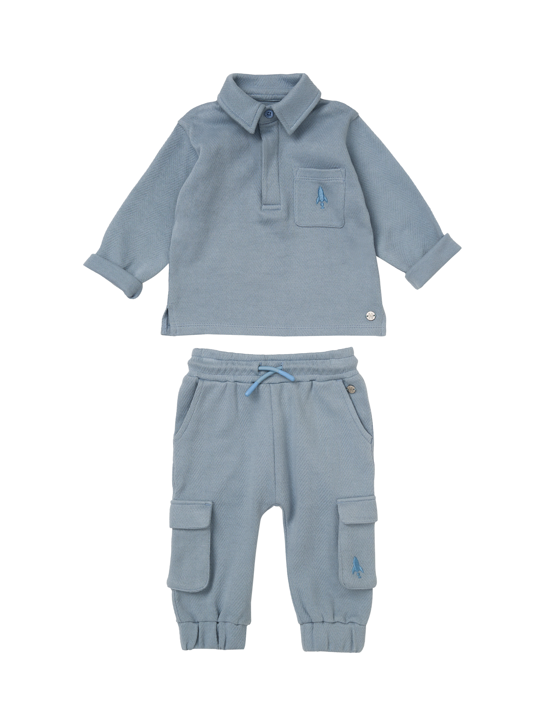 Product image 6 of 8, which shows Angel & Rocket Baby Herringbone Mini Co-Ord Set, Blue, 3-6 months