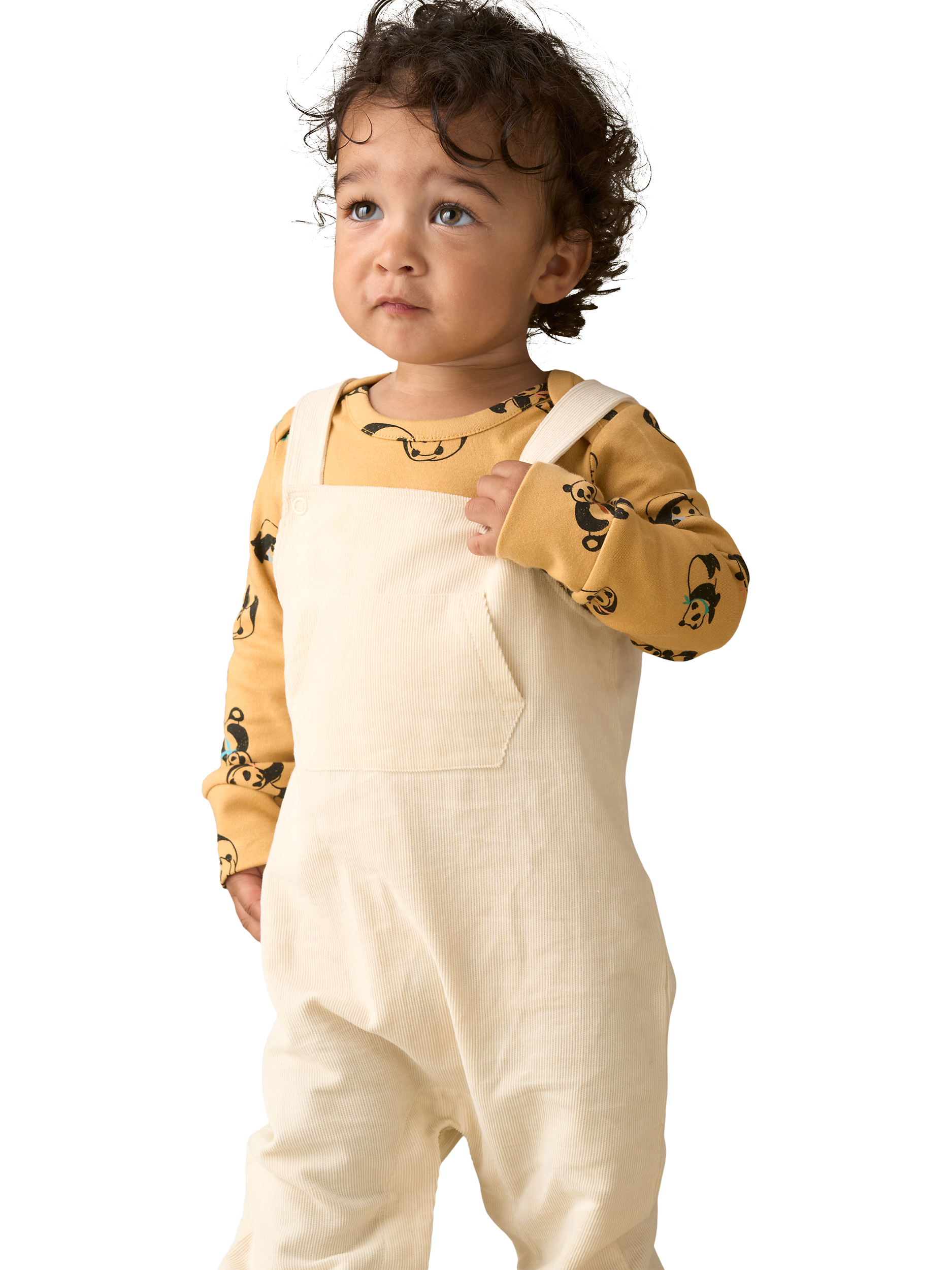 Product image 1 of 8, which shows Angel & Rocket Baby Dungaree and Panda Top Set, Stone, 3-6 months