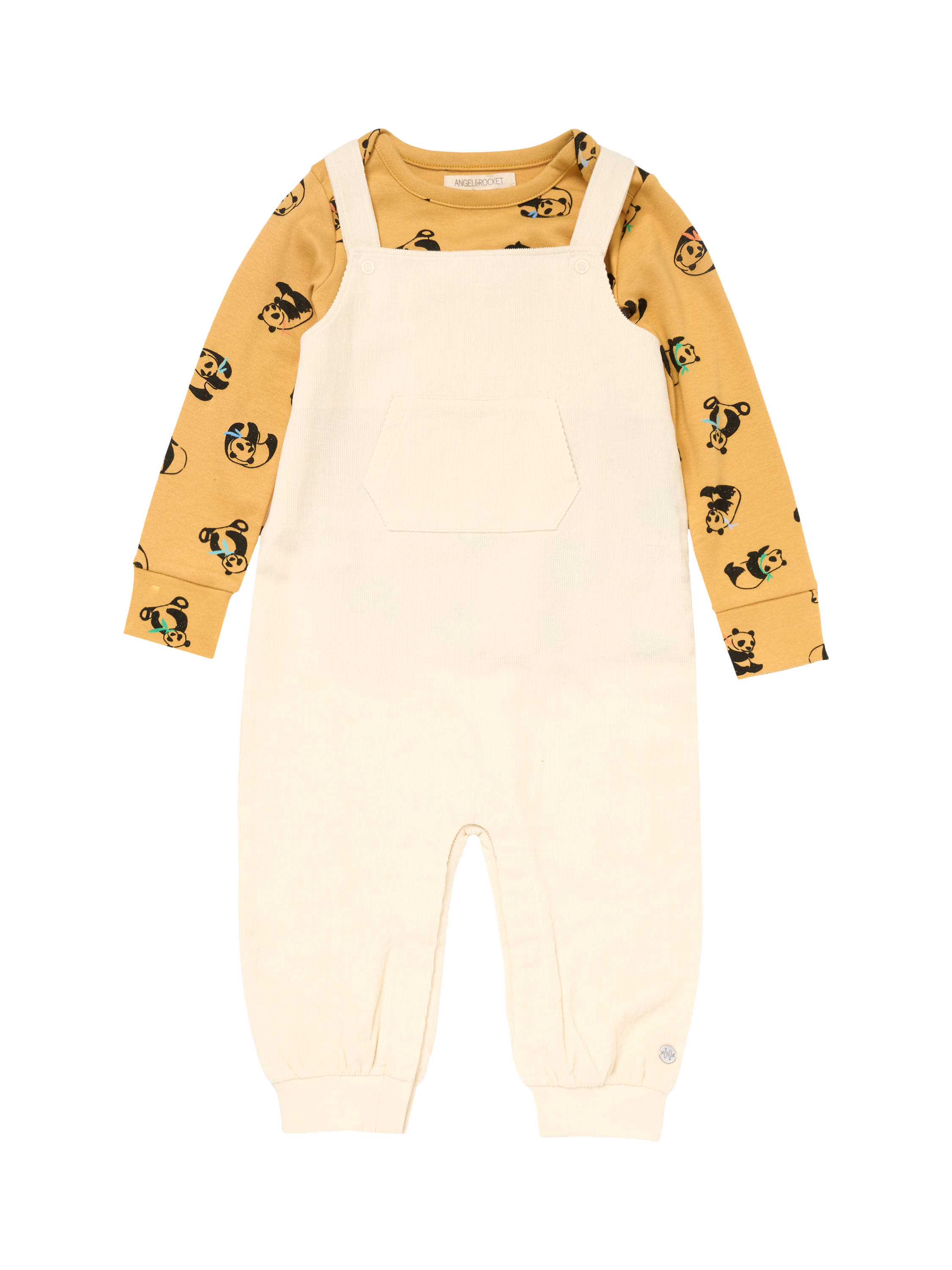 Product image 6 of 8, which shows Angel & Rocket Baby Dungaree and Panda Top Set, Stone, 3-6 months