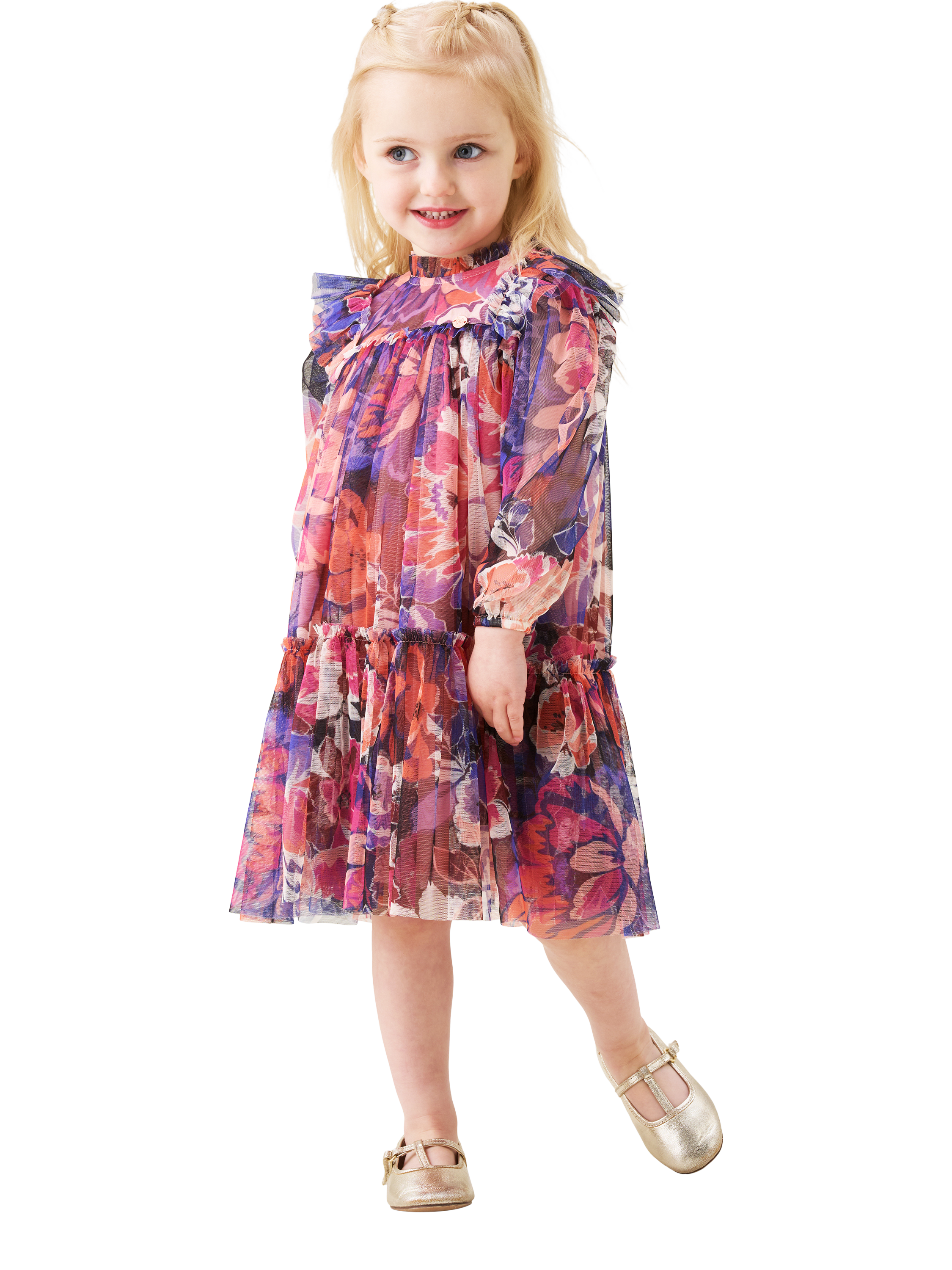 Product image 1 of 4, which shows Angel & Rocket Kids' Mesh Long Sleeved Tiered Floral Dress, Multi, 3-6 months