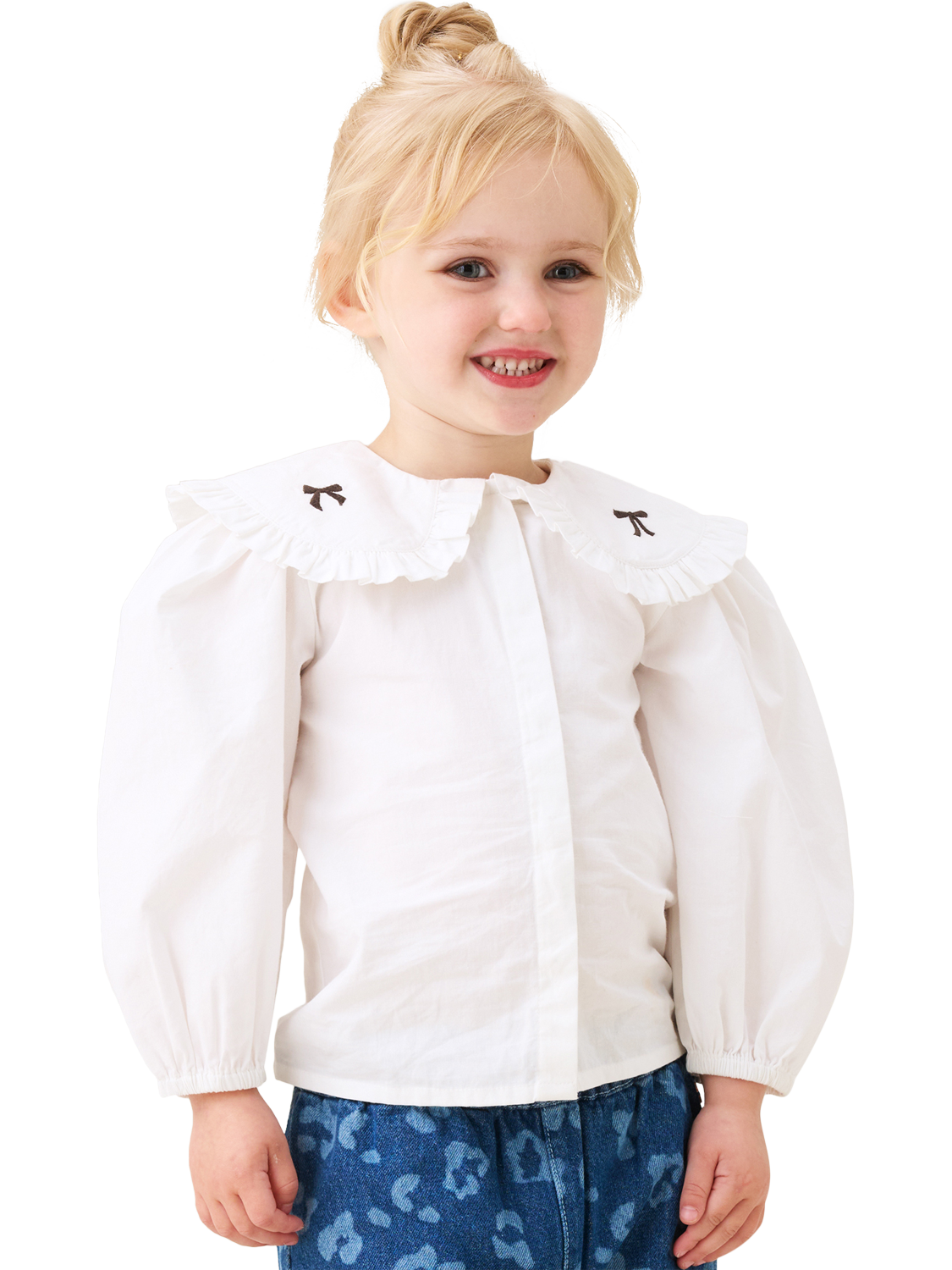 Product image 1 of 4, which shows Angel & Rocket Kids' Cotton Embroidered Collar Blouse, White, 3-6 months
