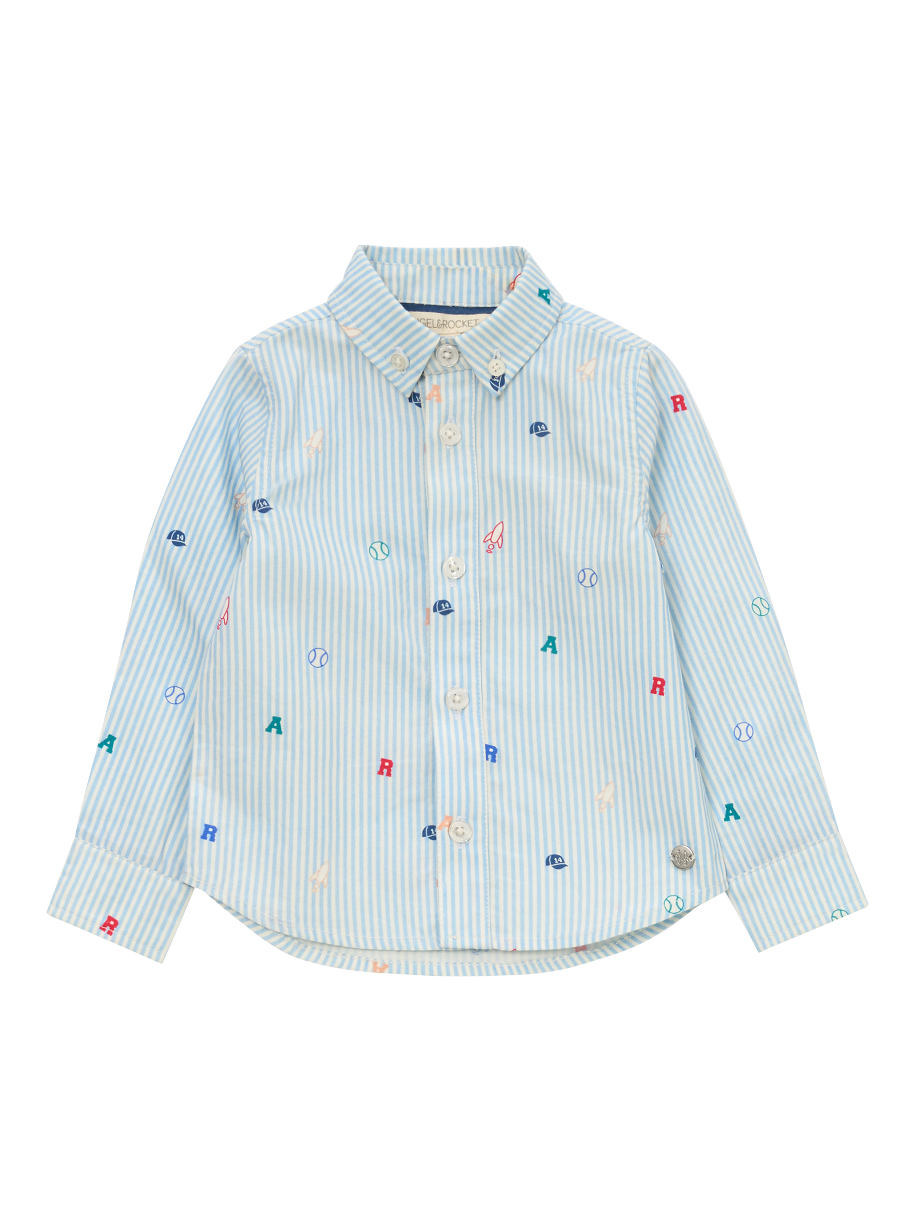 Product image 3 of 5, which shows Angel & Rocket Baby Baseball Stripe Shirt, Blue, 3-6 months